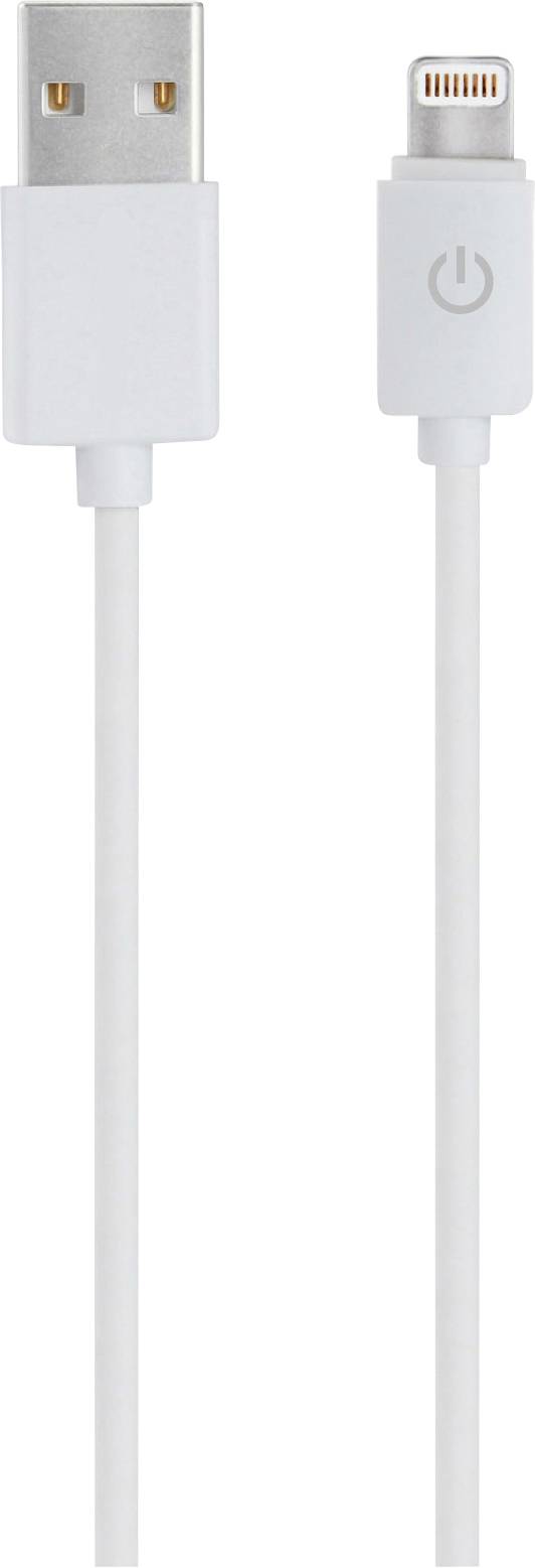 Weißes USB-Kabel, links USB-A-Stecker, rechts Lightning-Stecker, aufrecht nebeneinander angeordnet.