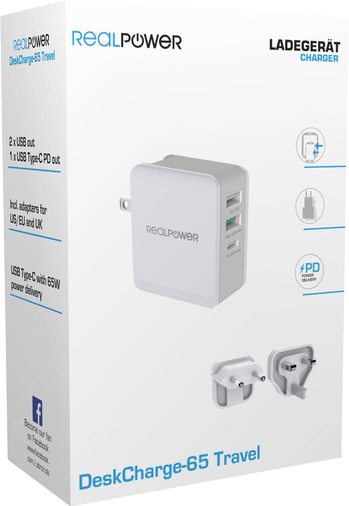 RealPower DeskCharge-65 USB Ladegerät 65 W USB Weiß Steckdose