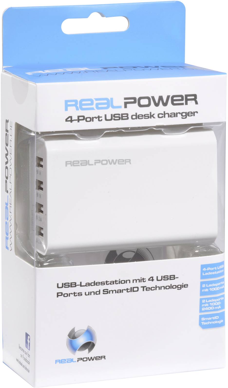 RealPower 160704 USB-Ladegerät Steckdose Ausgangsstrom (max.) 2400 mA USB Anzahl Ausgänge: 4 x