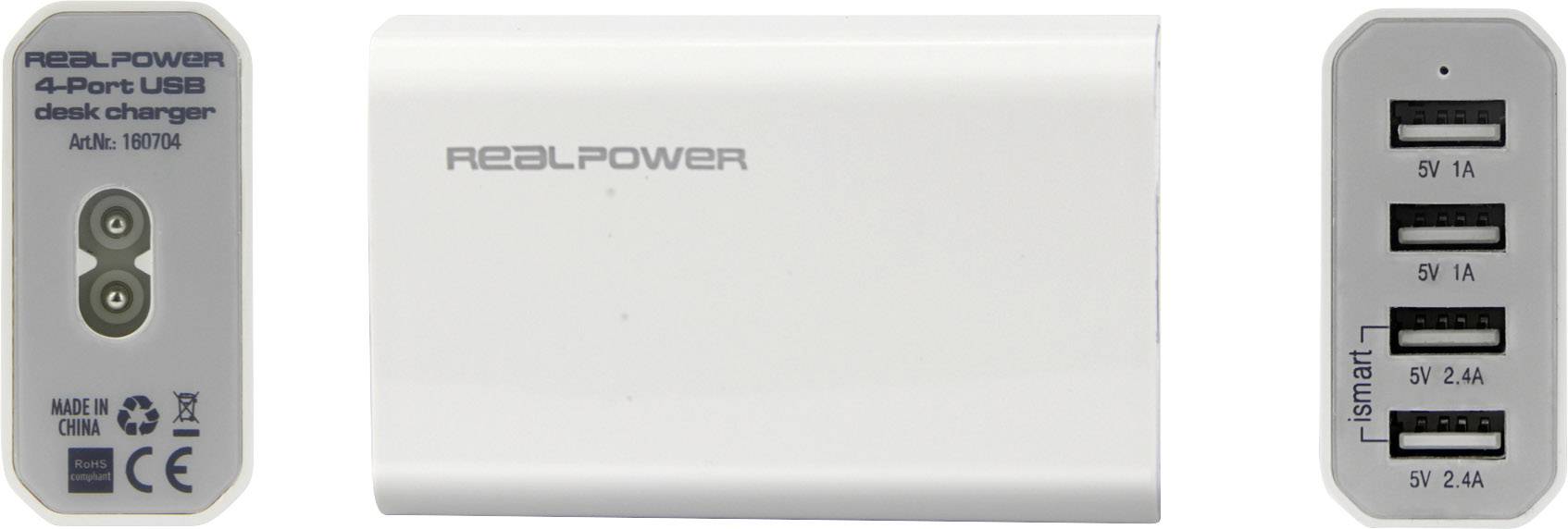 RealPower 160704 USB-Ladegerät Steckdose Ausgangsstrom (max.) 2400 mA USB Anzahl Ausgänge: 4 x