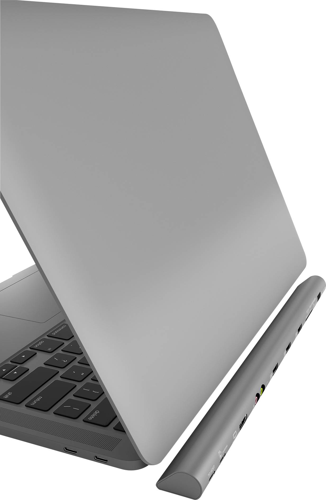 Ein teilweise geschlossener Laptop mit einer Dockingstation, die mehrere Anschlussmöglichkeiten bietet, darunter USB und HDMI.