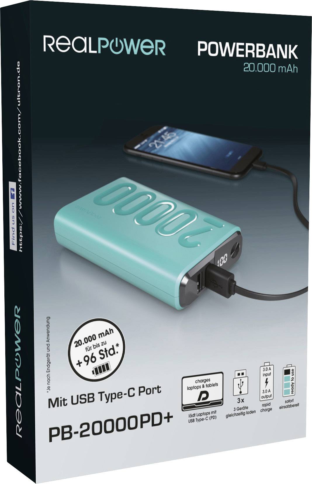 RealPower PB-20000PD+ Powerbank 20000 mAh Lithium Grün