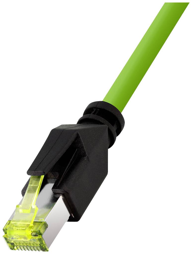 Ein grünes Ethernet-Kabel mit einem schwarzen Stecker.