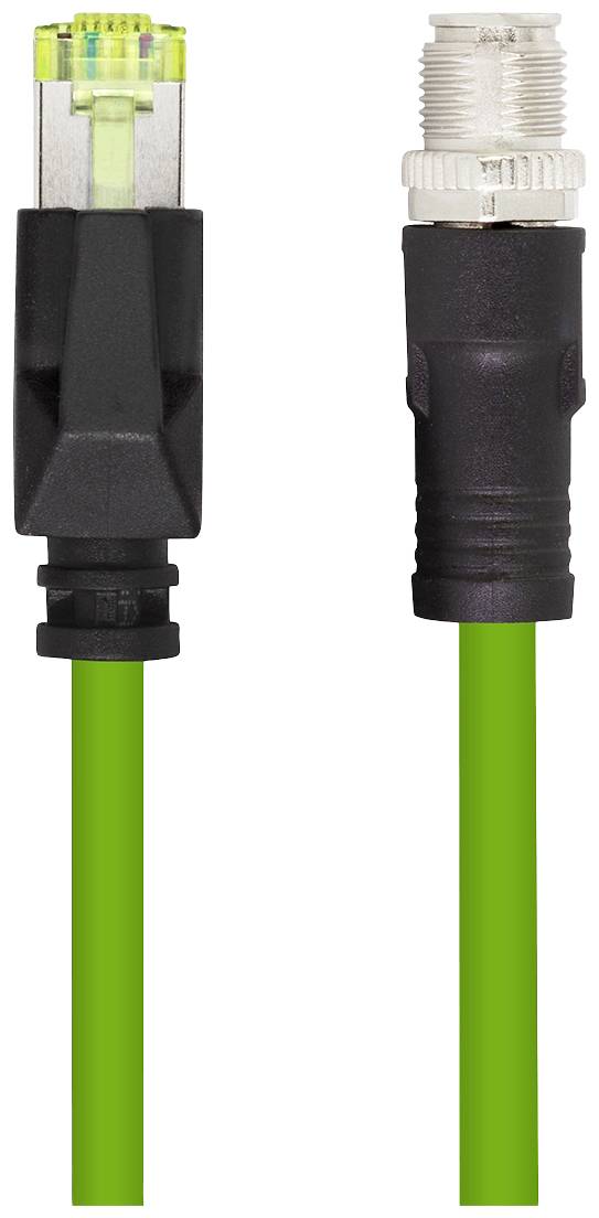 Grünes Netzwerkkabel mit RJ45-Stecker links und schwarzem Rundstecker rechts, angebracht an einem schwarzen Adapter.