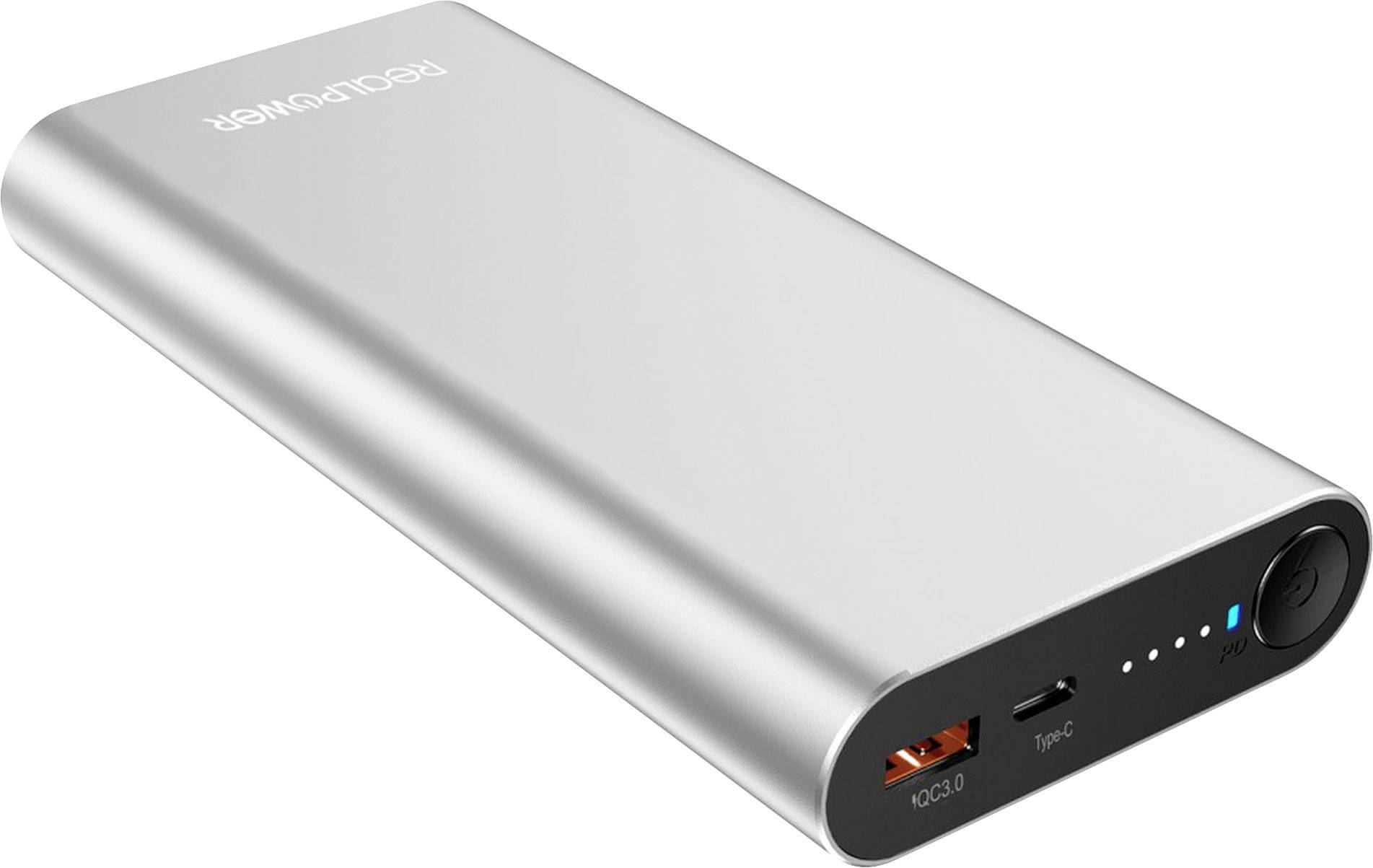 Silberne Powerbank mit USB-Anschlüssen und LED-Leuchten, die den Ladestand anzeigen. Clip zu Transportzwecken vorhanden.
