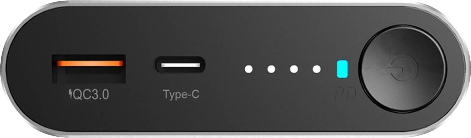 Ein schwarzes, längliches Gerät mit USB-Anschlüssen und einem Knopf. LEDs zeigen den Ladestand an.