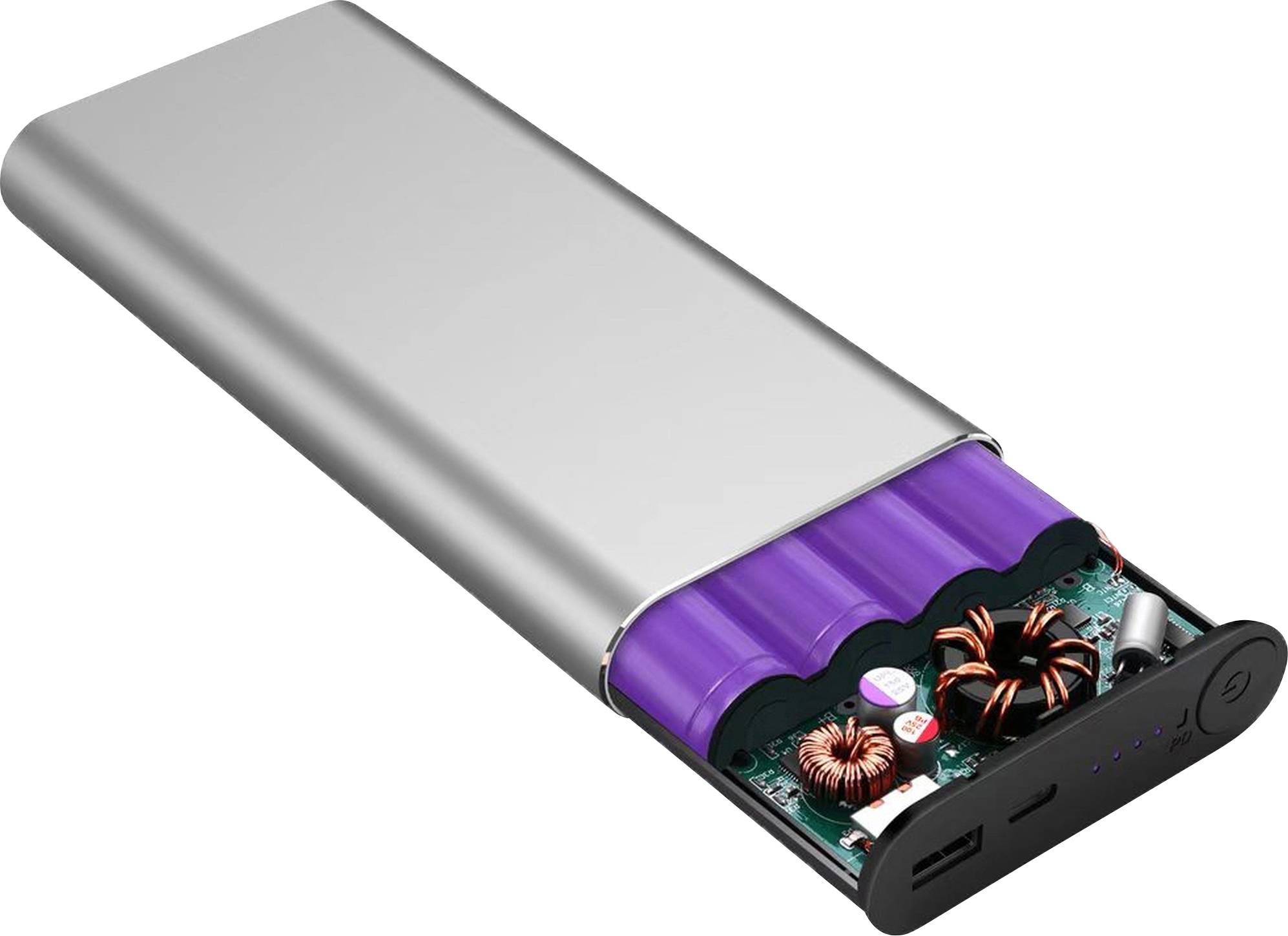 Ein geöffnetes Powerbank-Gehäuse zeigt lila Lithium-Batteriezellen und eine grüne Leiterplatte mit elektronischen Bauteilen.