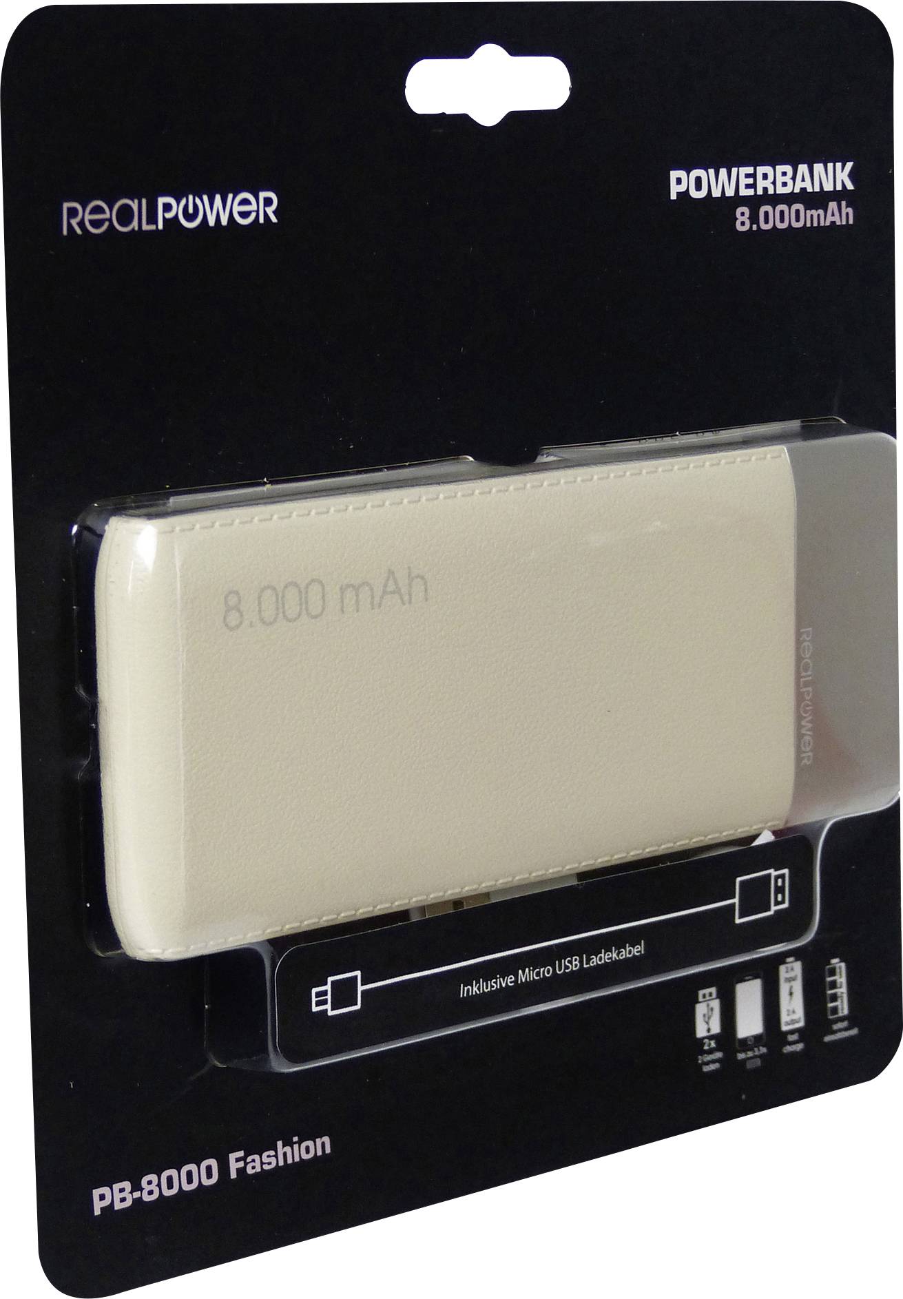 'RealPower PB-8000' Powerbank mit 8.000 mAh, beige, in Verpackung. Enthält Mikro-USB-Ladekabel, geeignet für Smartphones und Tablets.