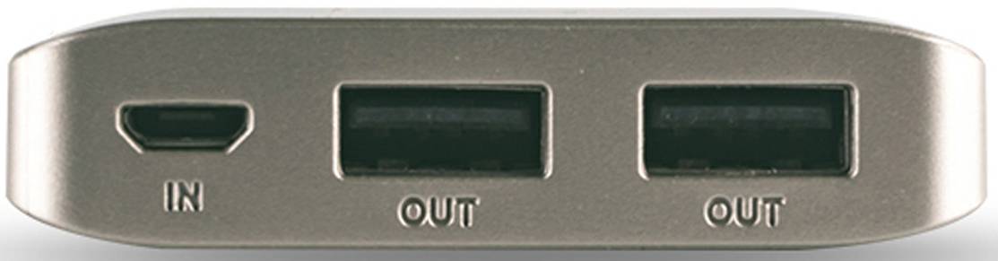 'Metallgehäuse mit drei Anschlüssen: einem Micro-USB-Eingang links gekennzeichnet mit 'IN' und zwei USB-Ausgängen rechts, beide mit 'OUT' ausgezeichnet.'