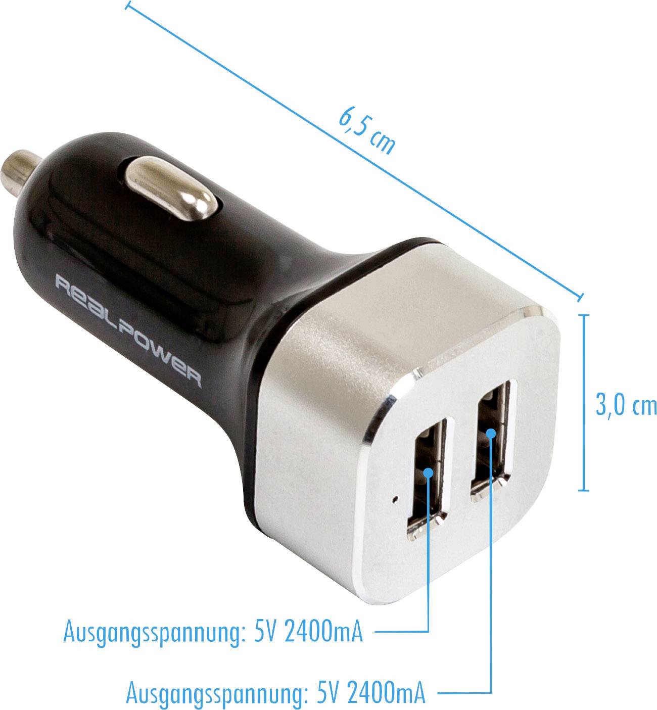 RealPower 176635 USB Ladegerät USB Schwarz, Silber KFZ