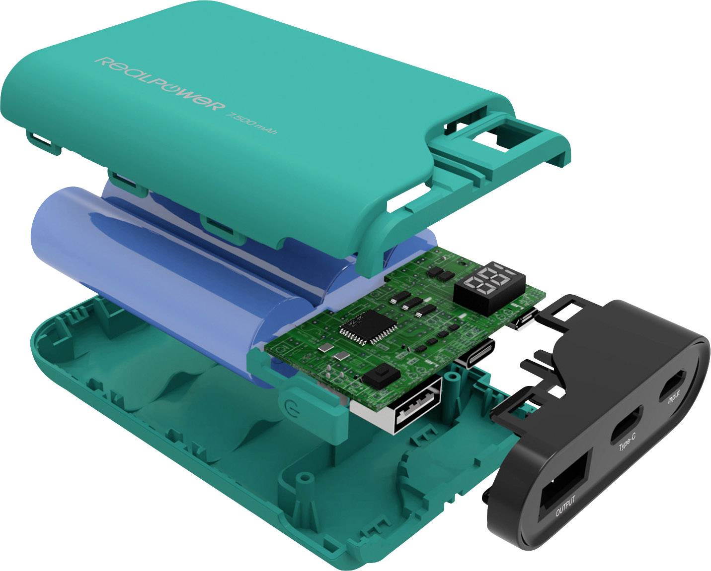 Explodierte Ansicht eines tragbaren Akkuladegeräts. Zeigt Gehäuse, Batteriezellen, Leiterplatte und Anschlüsse.