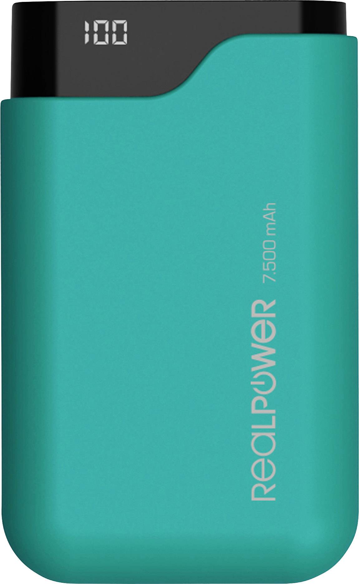 Externe Powerbank mit 7500 mAh Kapazität und digitaler Ladeanzeige auf der Oberseite, grüne Hülle mit 'REALPOWER'-Logo.