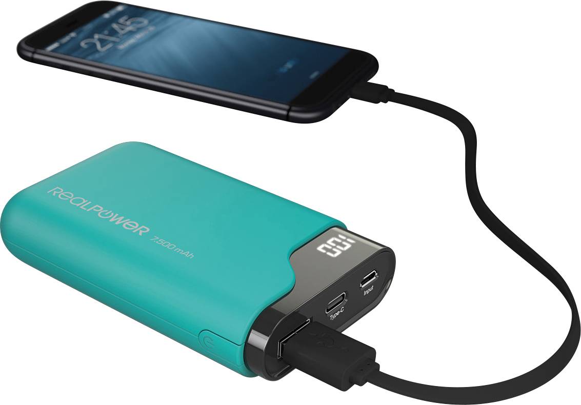 Ein Smartphone wird über ein USB-Kabel mit einer tragbaren Powerbank aufgeladen. Die Powerbank zeigt eine digitale Anzeige an.