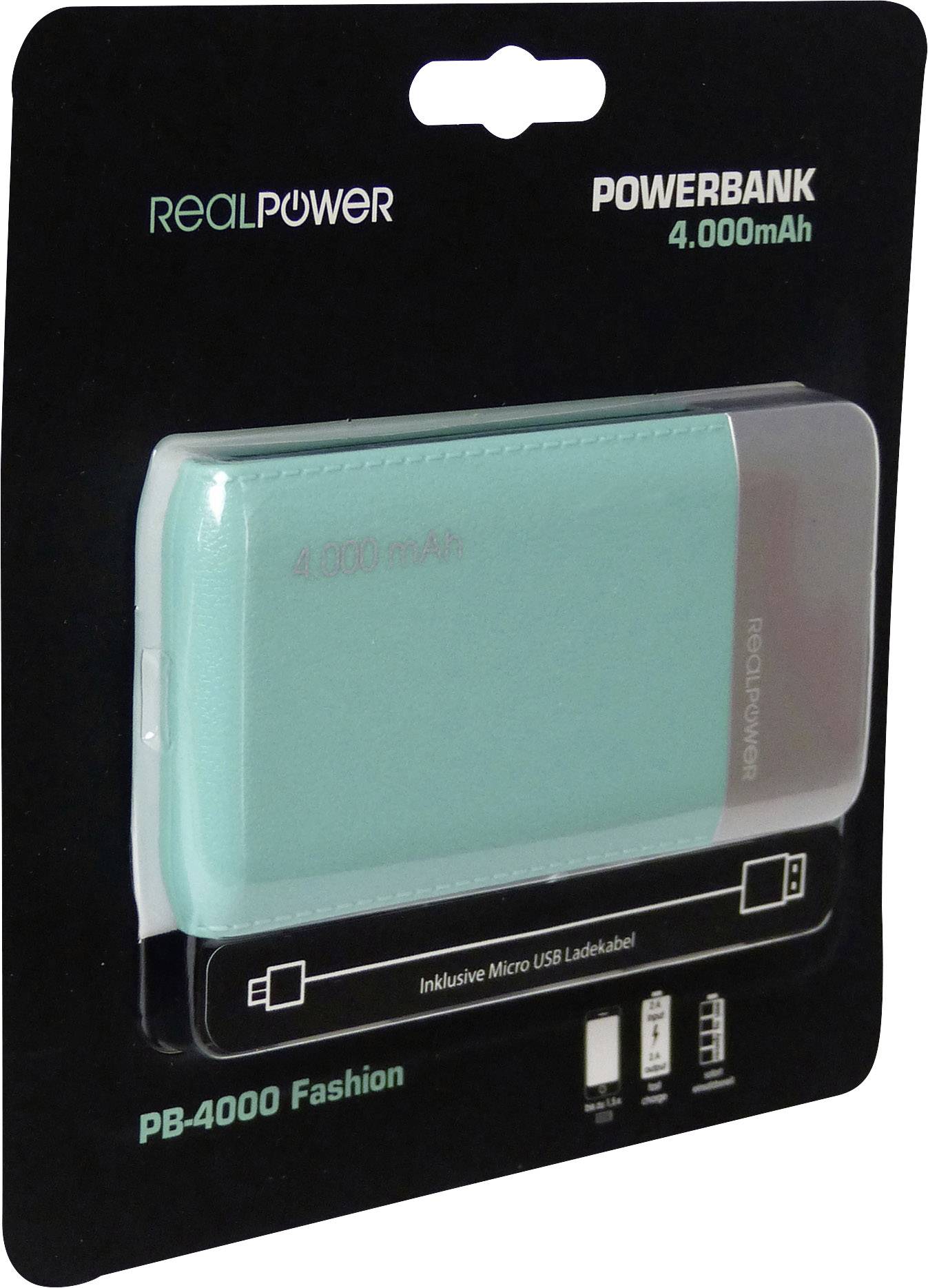 Verpackung einer türkisen Powerbank mit 4000mAh von RealPower. Beinhaltet Micro USB Ladekabel. Modell: PB-4000 Fashion.