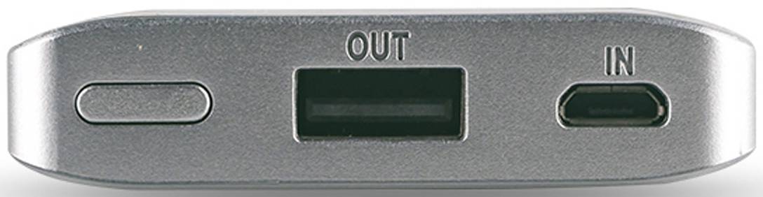 Ein silbernes Gerät mit einem großen USB-Ausgang und einem kleinen USB-Eingang, gekennzeichnet mit 'OUT' und 'IN'.