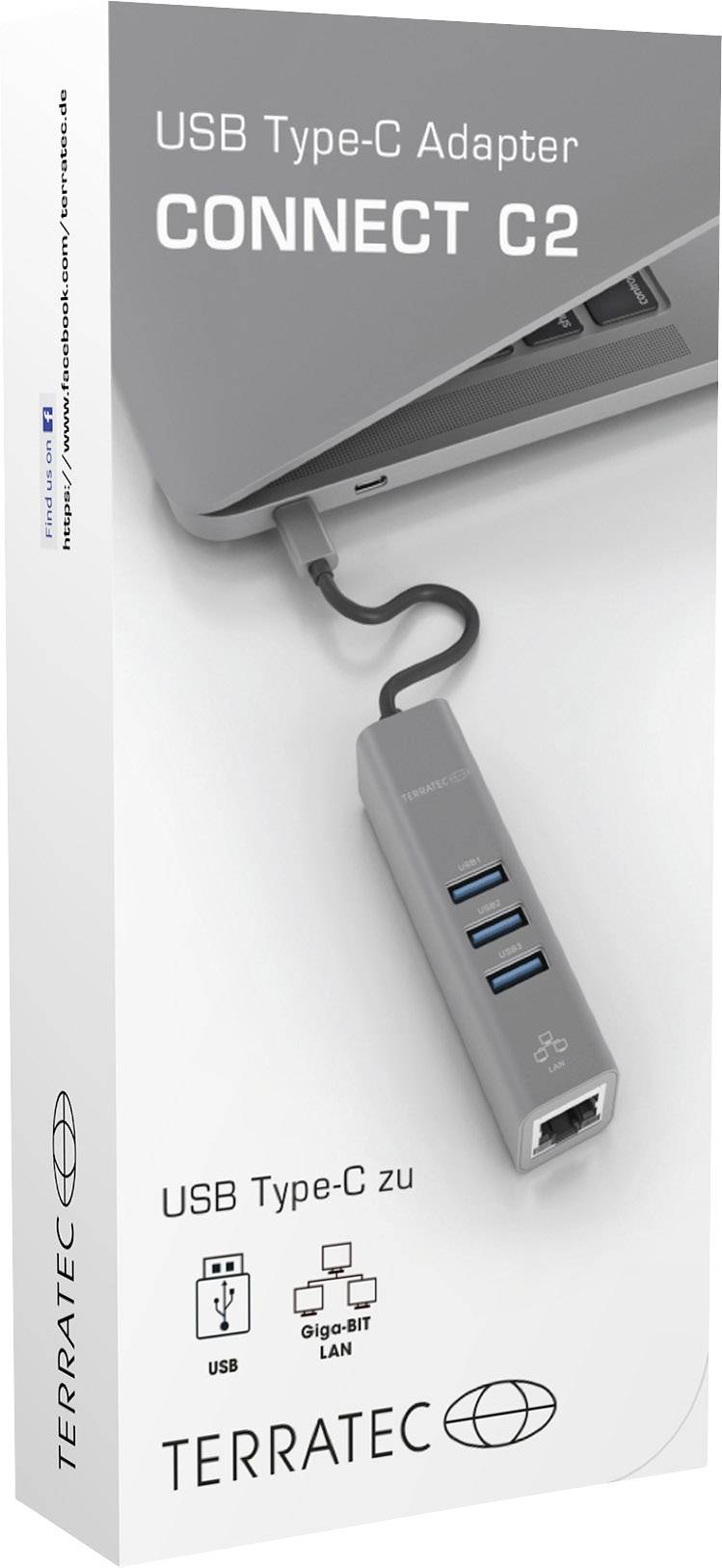 USB Type-C Adapter CONNECT C2 von TERRATEC: Zeigt Adapter, verbunden mit Laptop, bietet USB-Anschlüsse, Audio und LAN.