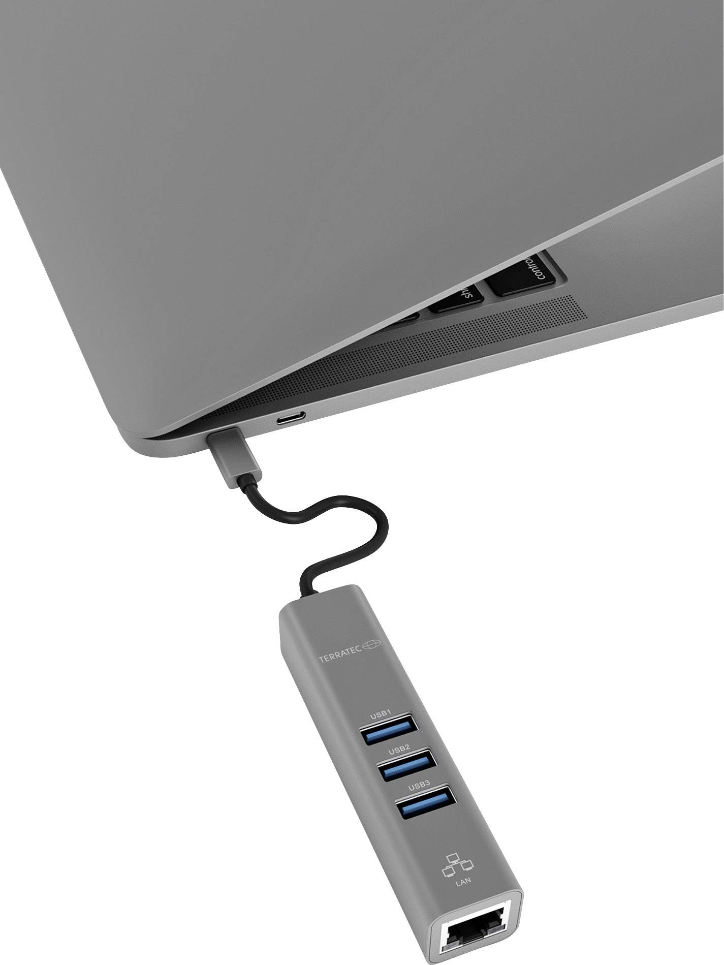 Ein Laptop ist mit einem USB-Hub verbunden, der drei USB-Anschlüsse und einen LAN-Anschluss bietet.