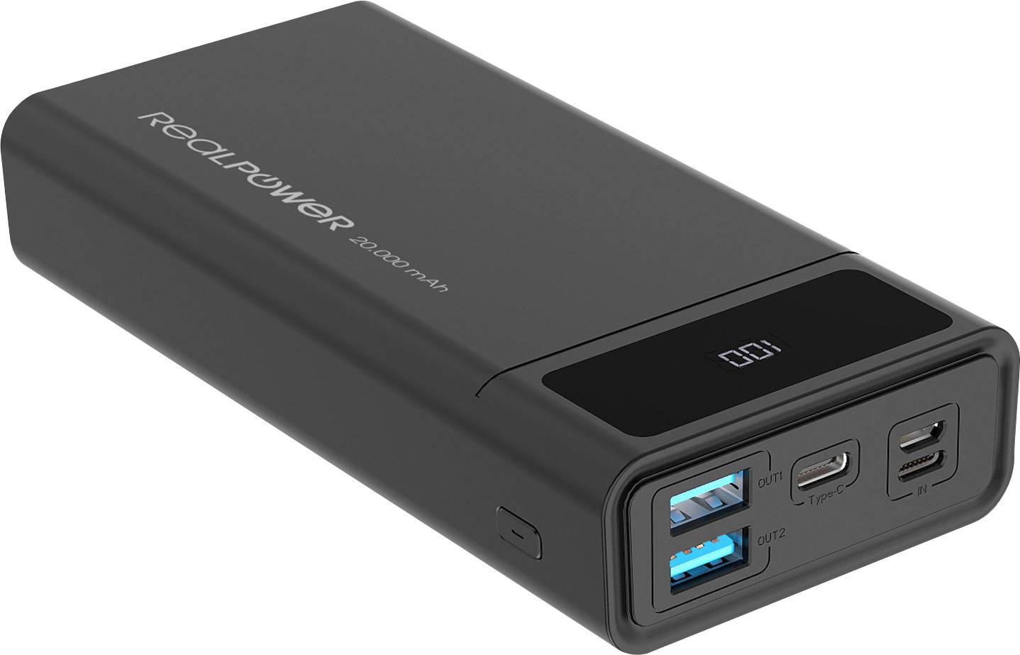 RealPower PB-20k Powerbank 20000 mAh USB PD Lithium Schwarz Statusanzeige