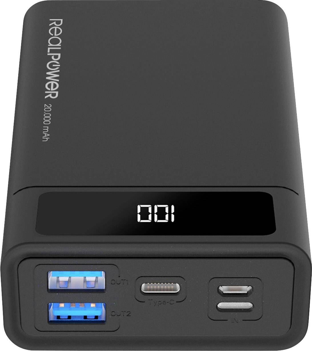 RealPower PB-20k Powerbank 20000 mAh USB PD Lithium Schwarz Statusanzeige