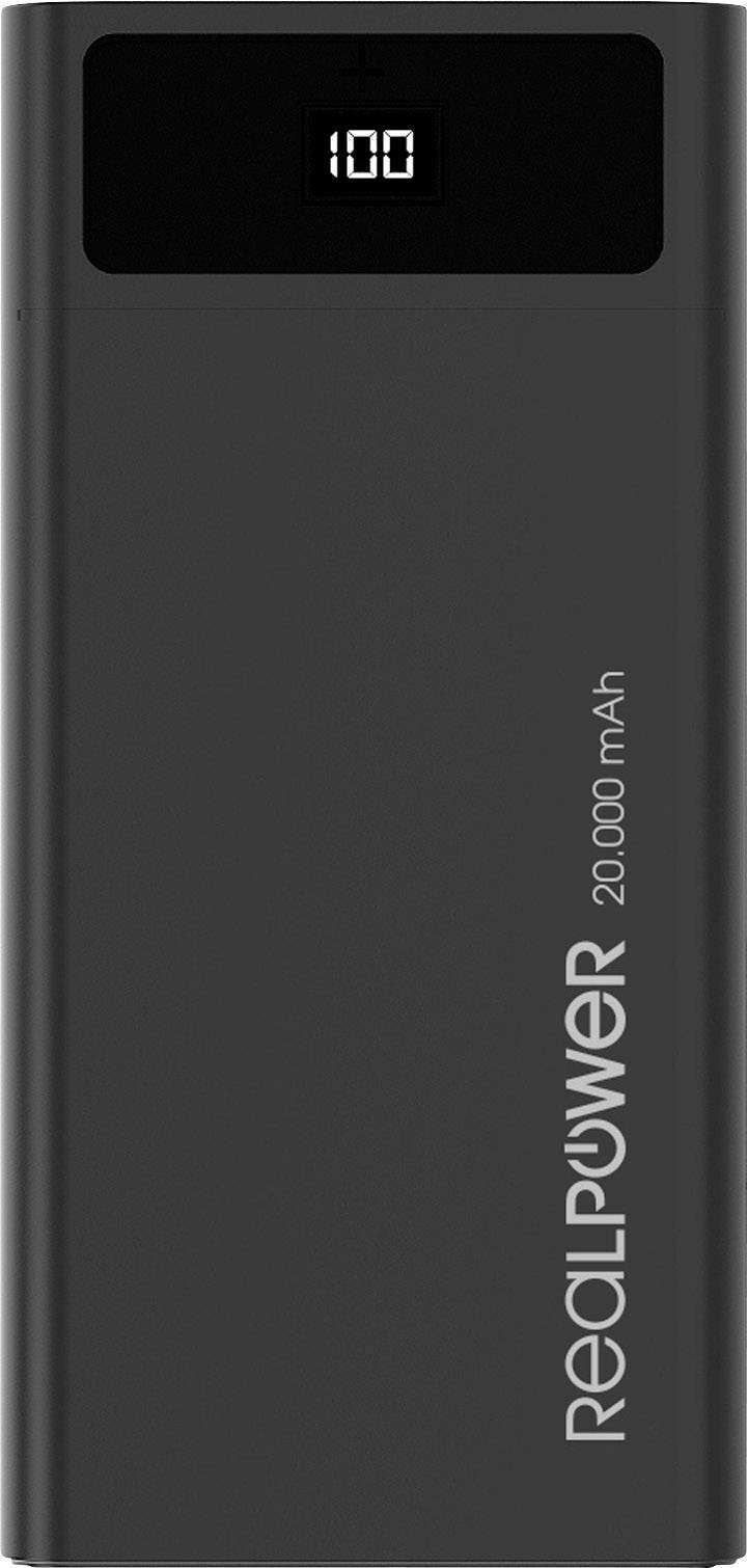 RealPower PB-20k Powerbank 20000 mAh USB PD Lithium Schwarz Statusanzeige