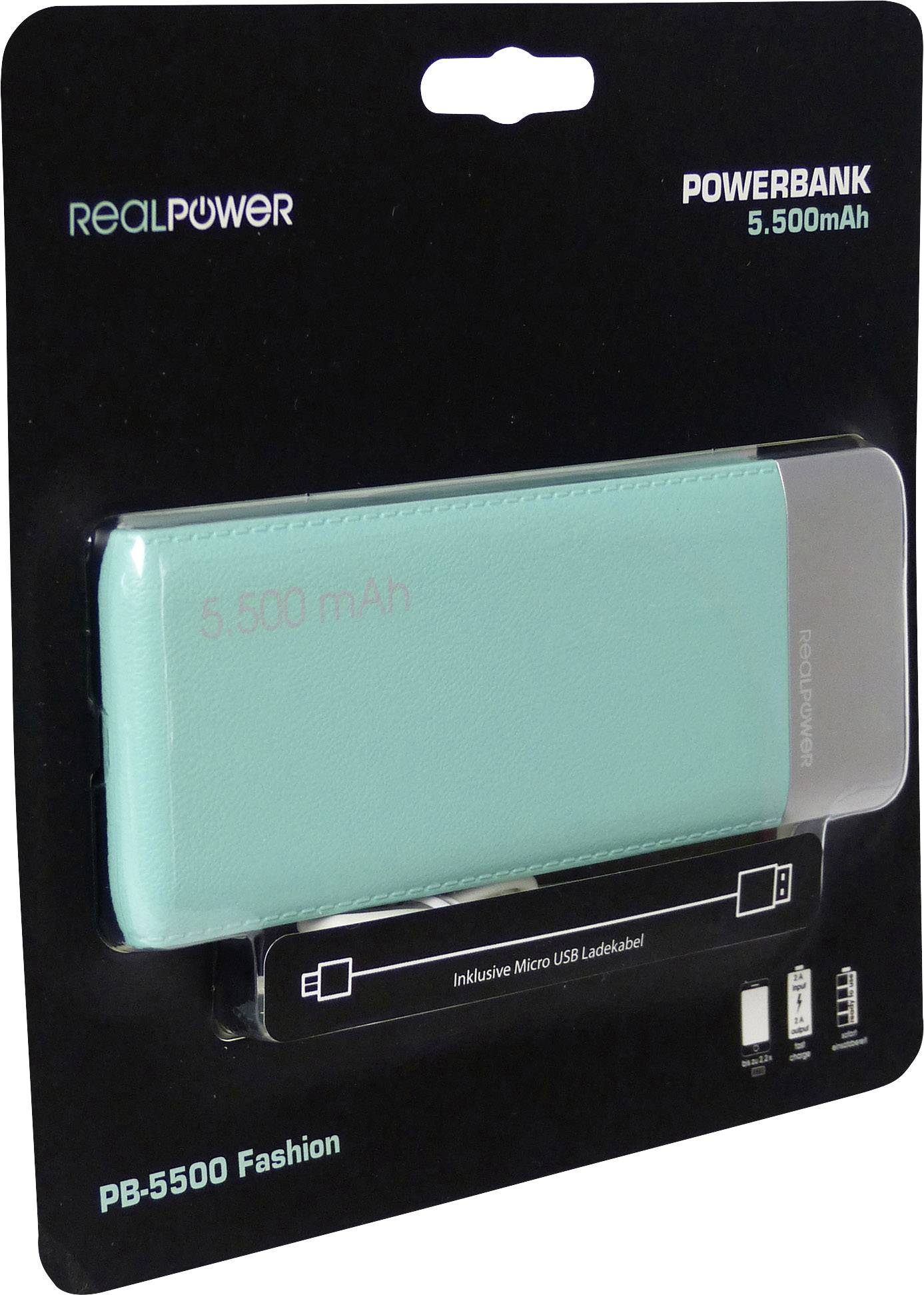 'RealPower Powerbank PB-5500 Fashion' in türkis auf schwarzer Verpackung. Kapazität 5.500 mAh. Inklusive Micro-USB-Ladekabel.