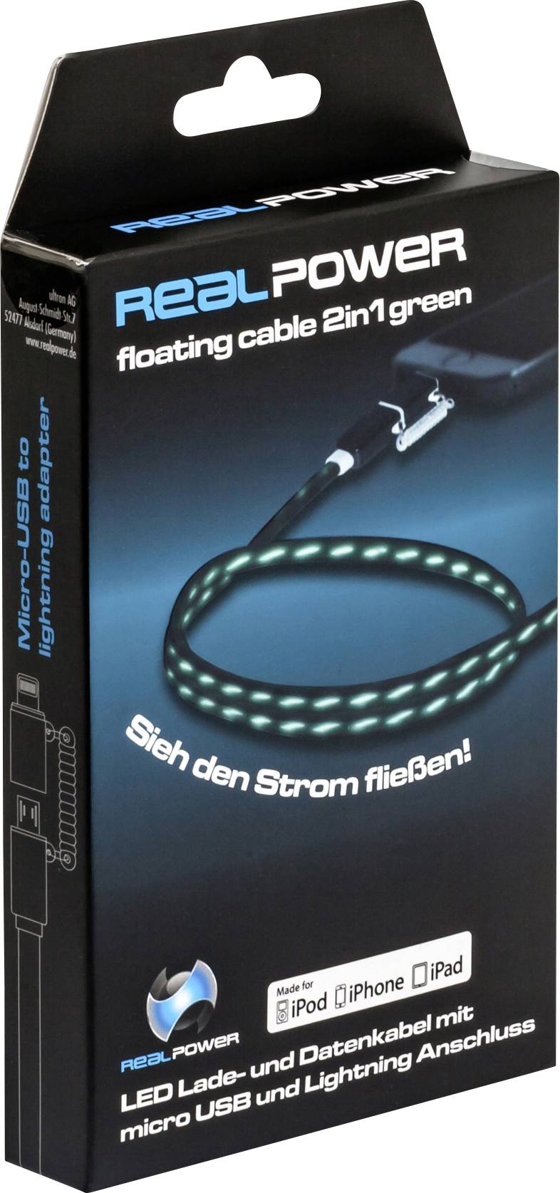 RealPower USB-Kabel USB 2.0 USB-A Stecker, Apple Lightning Stecker 0.75 m Grün mit LED 185962