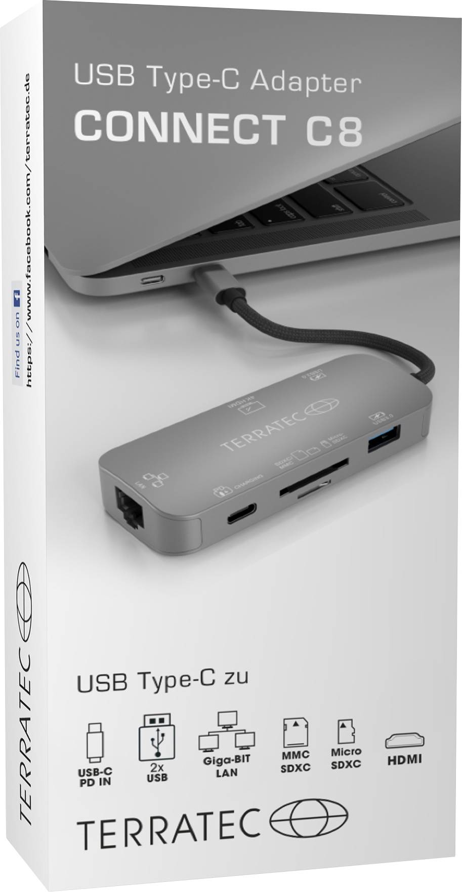 Terratec 306706 USB-Hub USB-A (USB 3.0), Kartenleser, Gigabit-LAN (1 Gbit/s), HDMI®, USB-C® 5 GBit/s Grau CONNECT C8