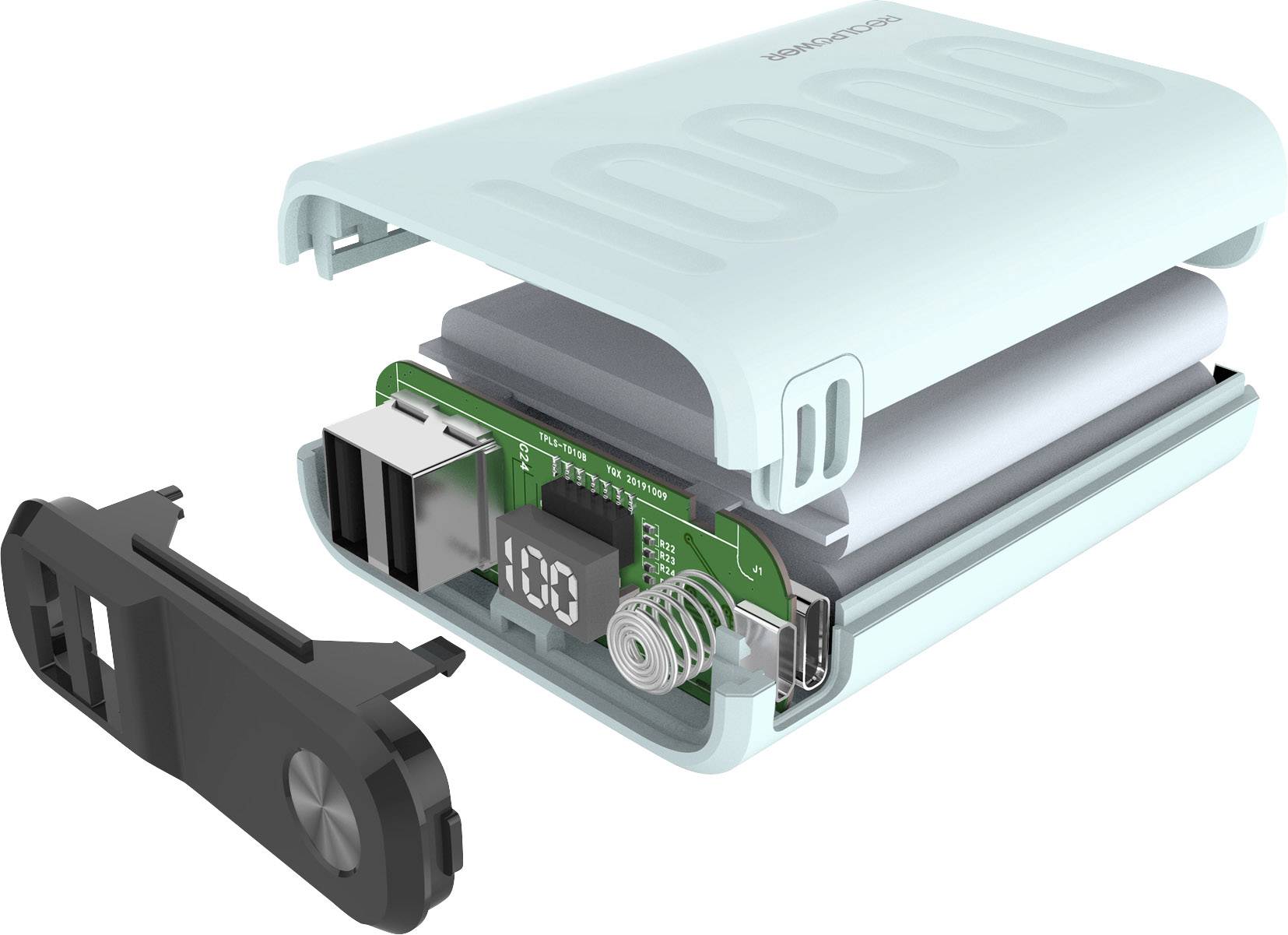 Ein digitaler USB-Rekorder in einem weißen Gehäuse, teils geöffnet, zeigt die Hardware-Innenteile mit einem grünen Schaltkreis.