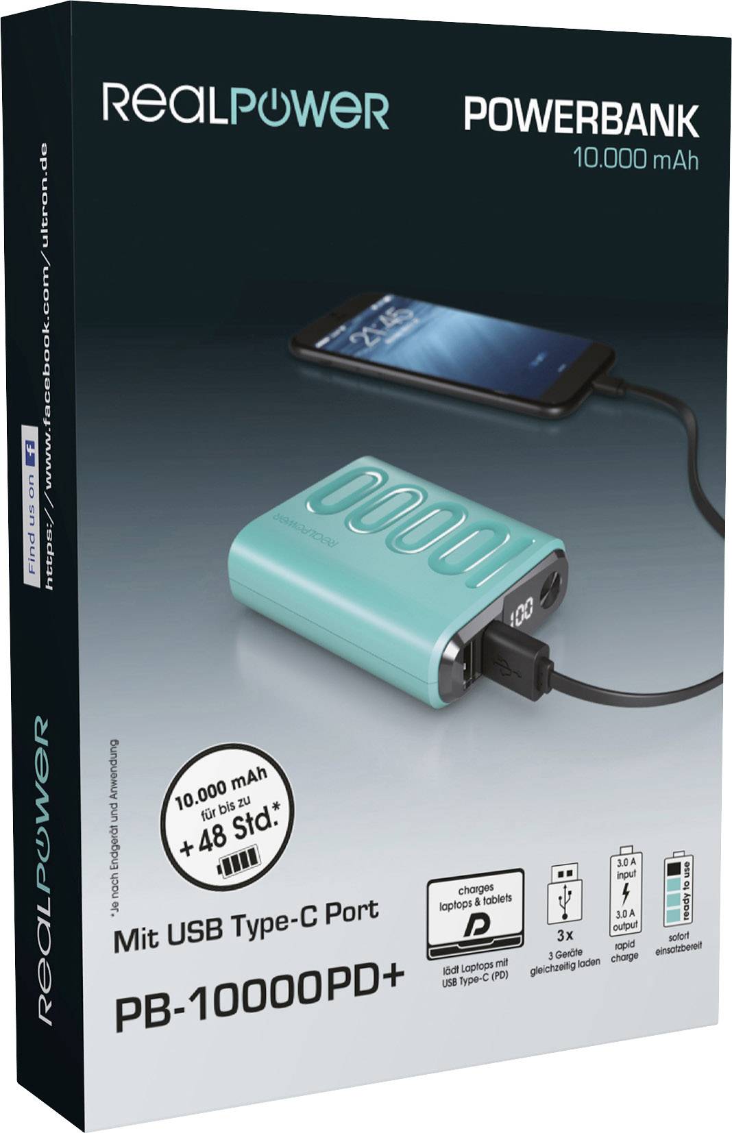 Verpackung einer RealPower Powerbank PB-10000PD+ mit 10.000 mAh. Zeigt ein verbundenes Smartphone. „Mit USB Type-C Port“ hervorgehoben.