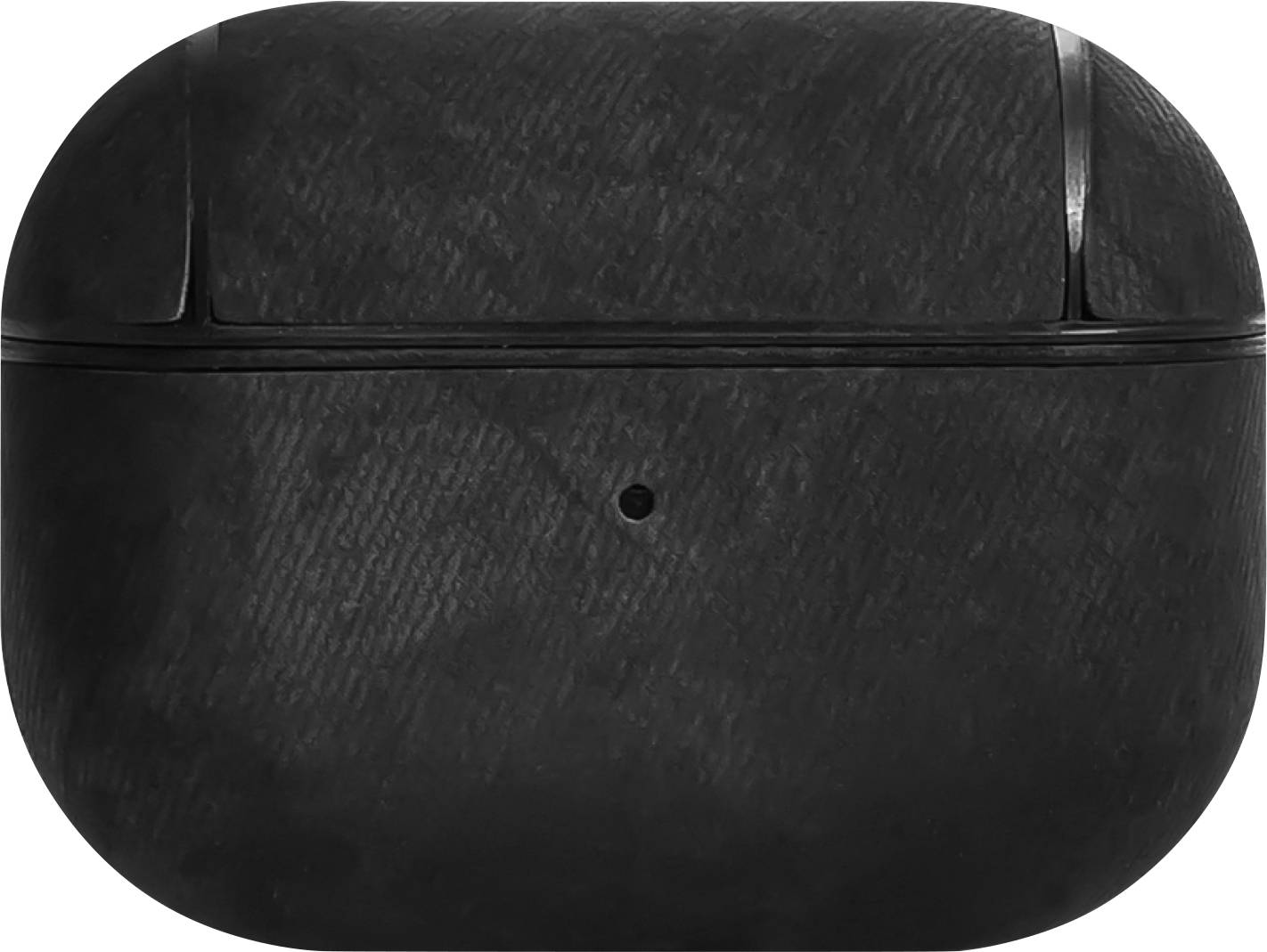 Schwarzes kabelloses Kopfhörer-Etui mit strukturiertem Design, geschlossen und frontal dargestellt.