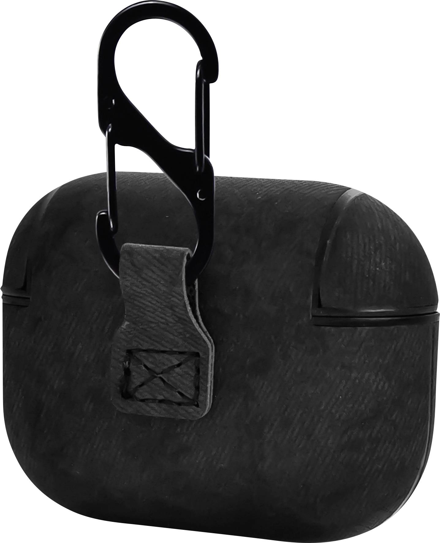 Schwarzes Etui mit Karabinerhaken, geeignet zur Aufbewahrung von Ohrhörern. Praktisch für unterwegs oder zum sicheren Aufbewahren.