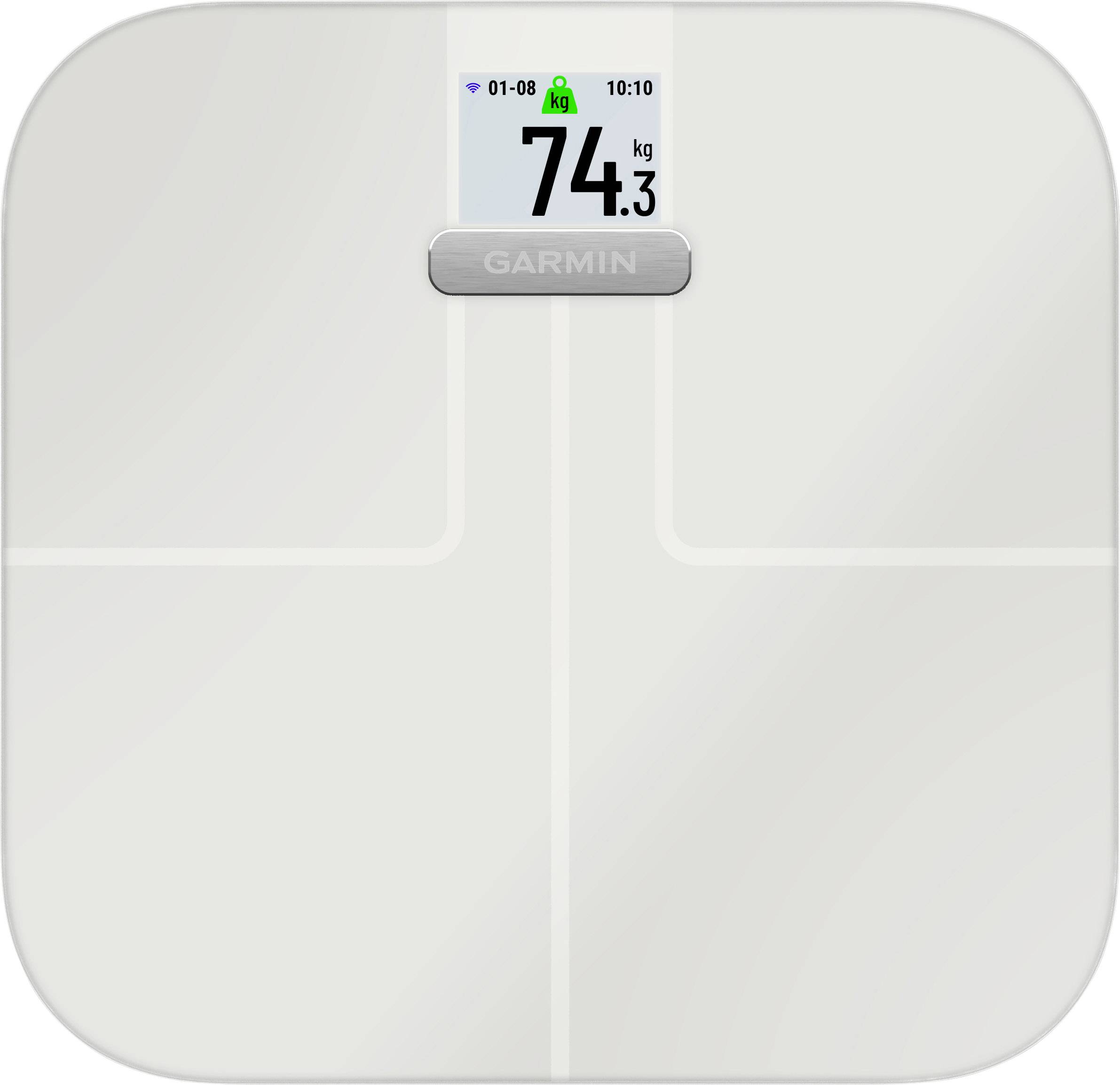 Eine digitale Waage mit Anzeige '74,3 kg' auf einem Bildschirm oben. Markenname 'Garmin' unter dem Bildschirm sichtbar.