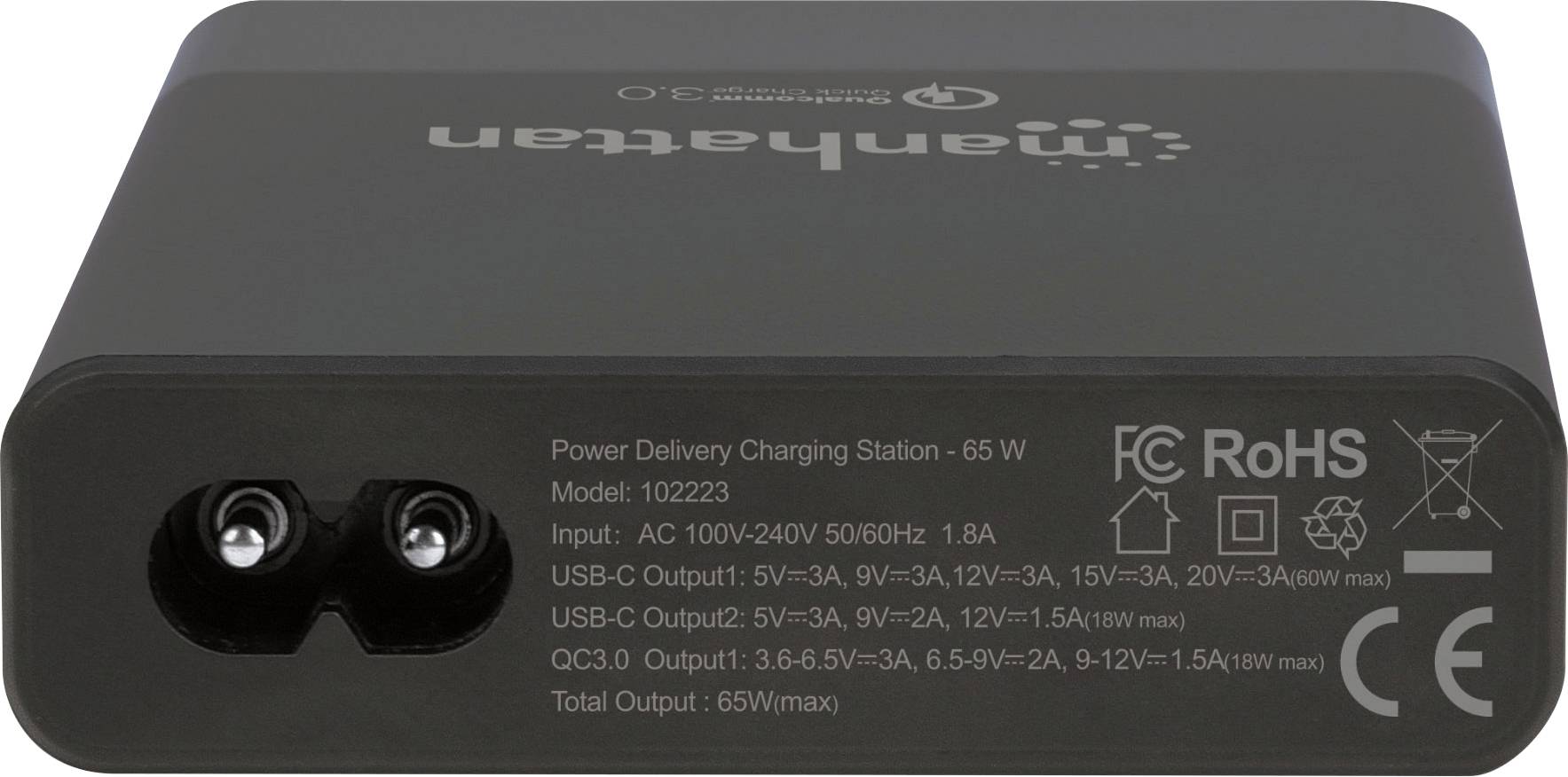 Manhattan 102223 USB Ladestation 65 W USB 3.2 Gen 1 Buchse A (USB 3.0), USB-C® Buchse (Power Delivery) Schwarz Steckdose Qualcomm Quick Charge 3.0