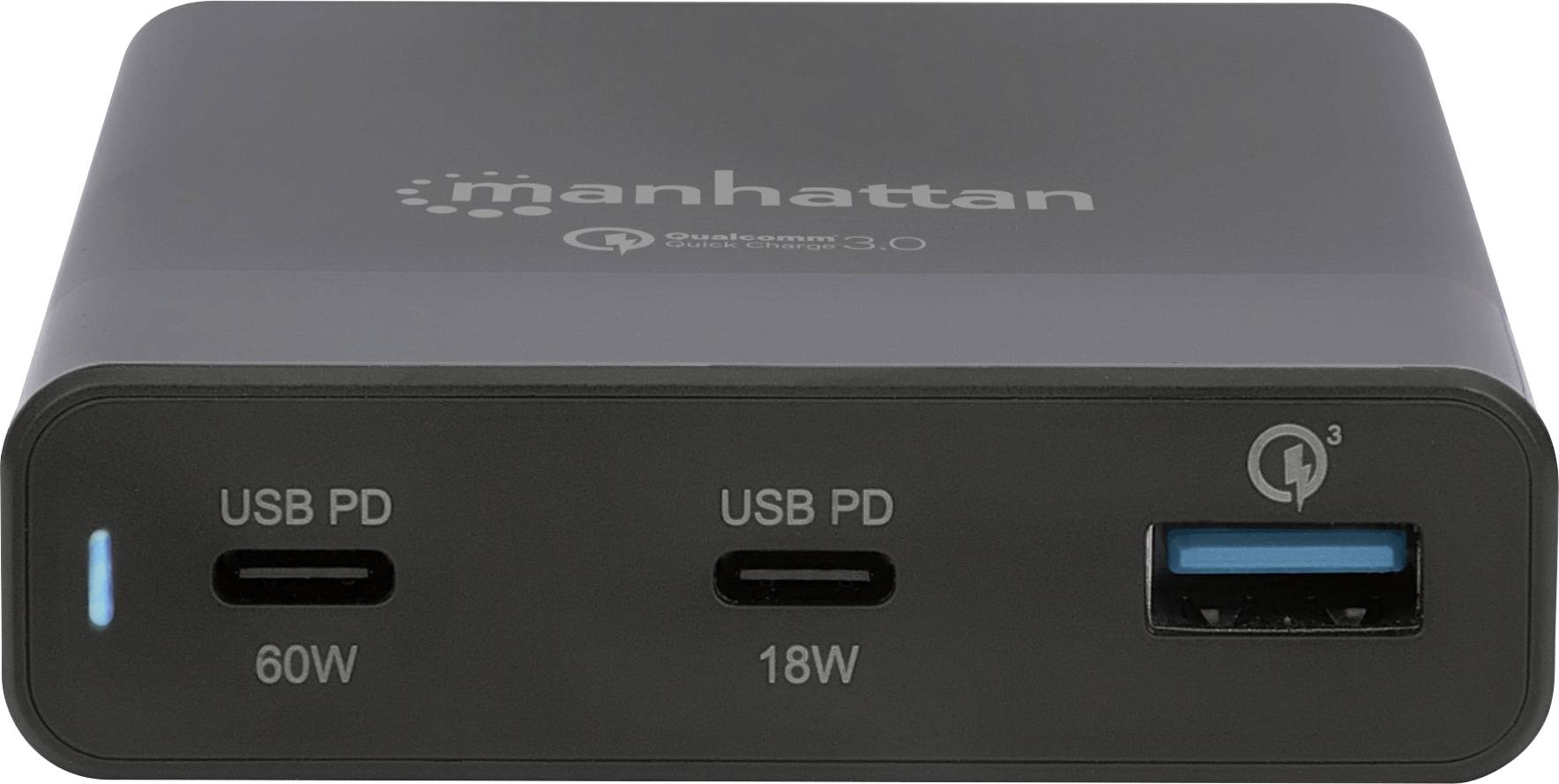 Manhattan 102223 USB Ladestation 65 W USB 3.2 Gen 1 Buchse A (USB 3.0), USB-C® Buchse (Power Delivery) Schwarz Steckdose Qualcomm Quick Charge 3.0