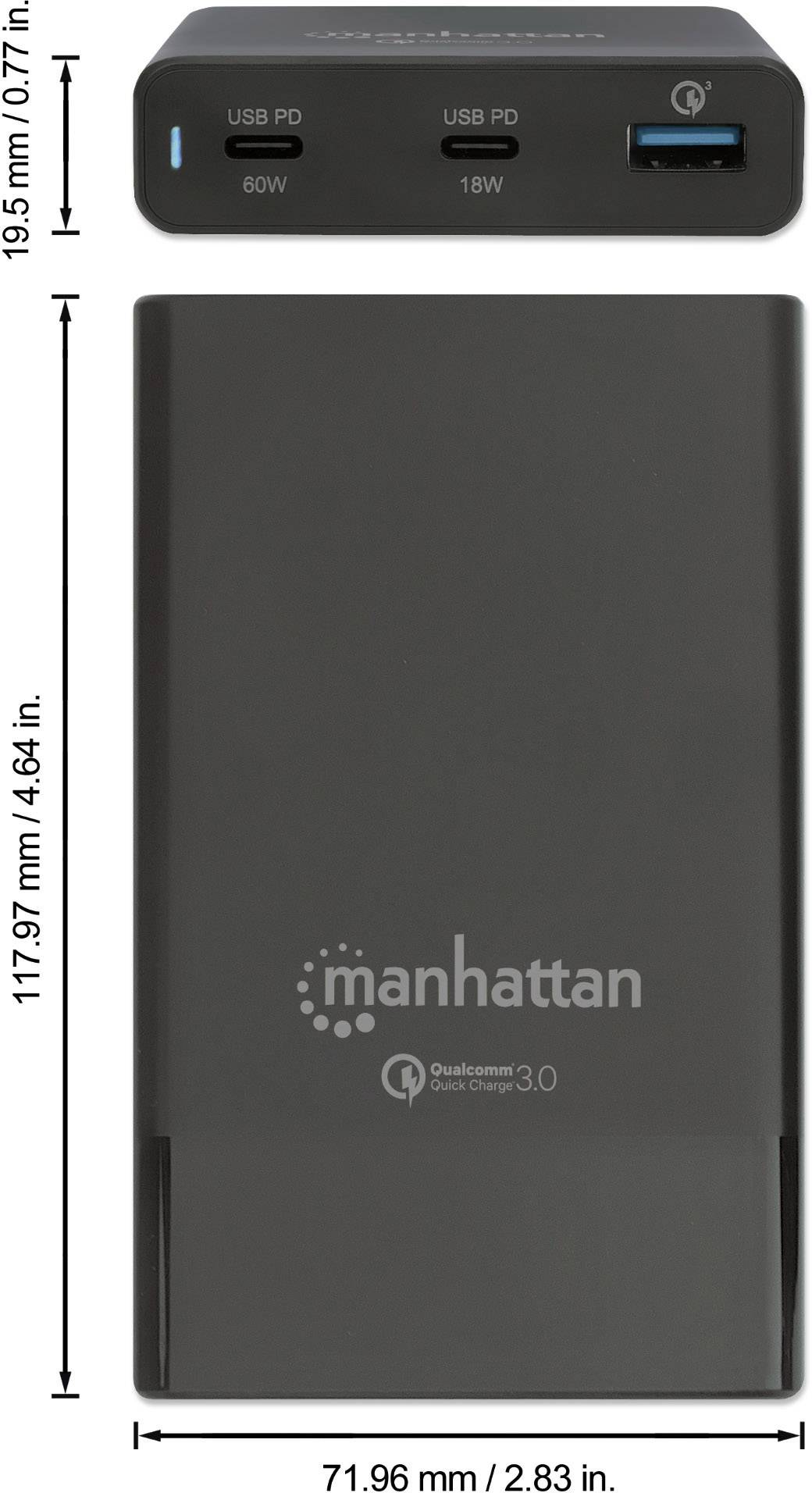 Manhattan 102223 USB Ladestation 65 W USB 3.2 Gen 1 Buchse A (USB 3.0), USB-C® Buchse (Power Delivery) Schwarz Steckdose Qualcomm Quick Charge 3.0