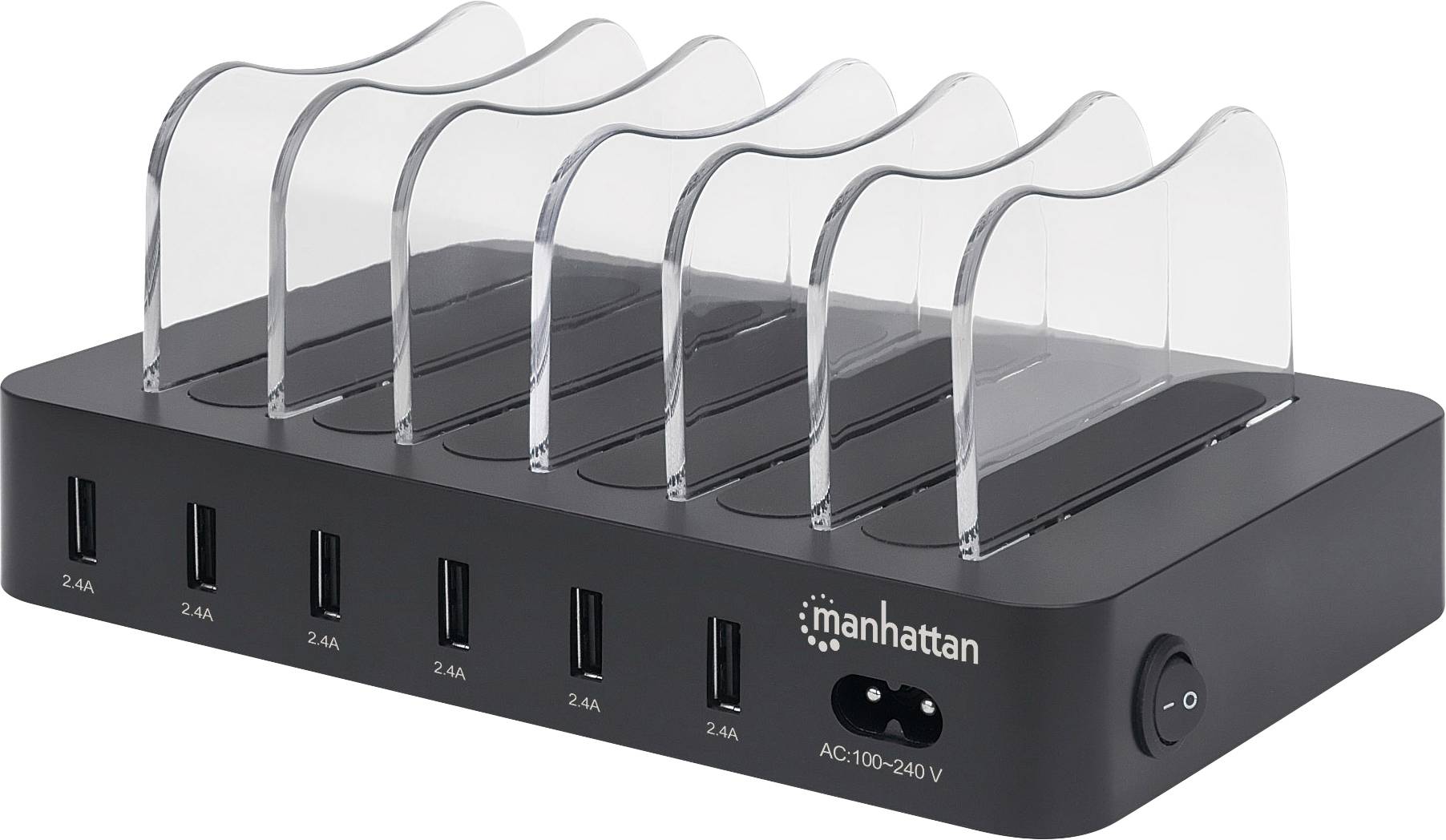 Ein schwarzes Ladegerät mit sechs transparenten Ablagefächern und sechs USB-Anschlüssen, geeignet zum gleichzeitigen Laden mehrerer Geräte.