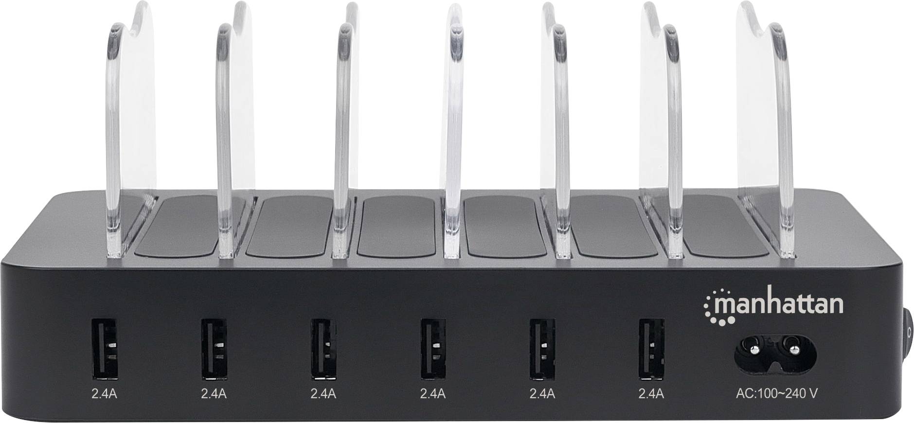 Mehrfach-USB-Ladestation mit acht Ladeplätzen und sechs USB-Anschlüssen, geeignet zum gleichzeitigen Laden mehrerer Geräte.