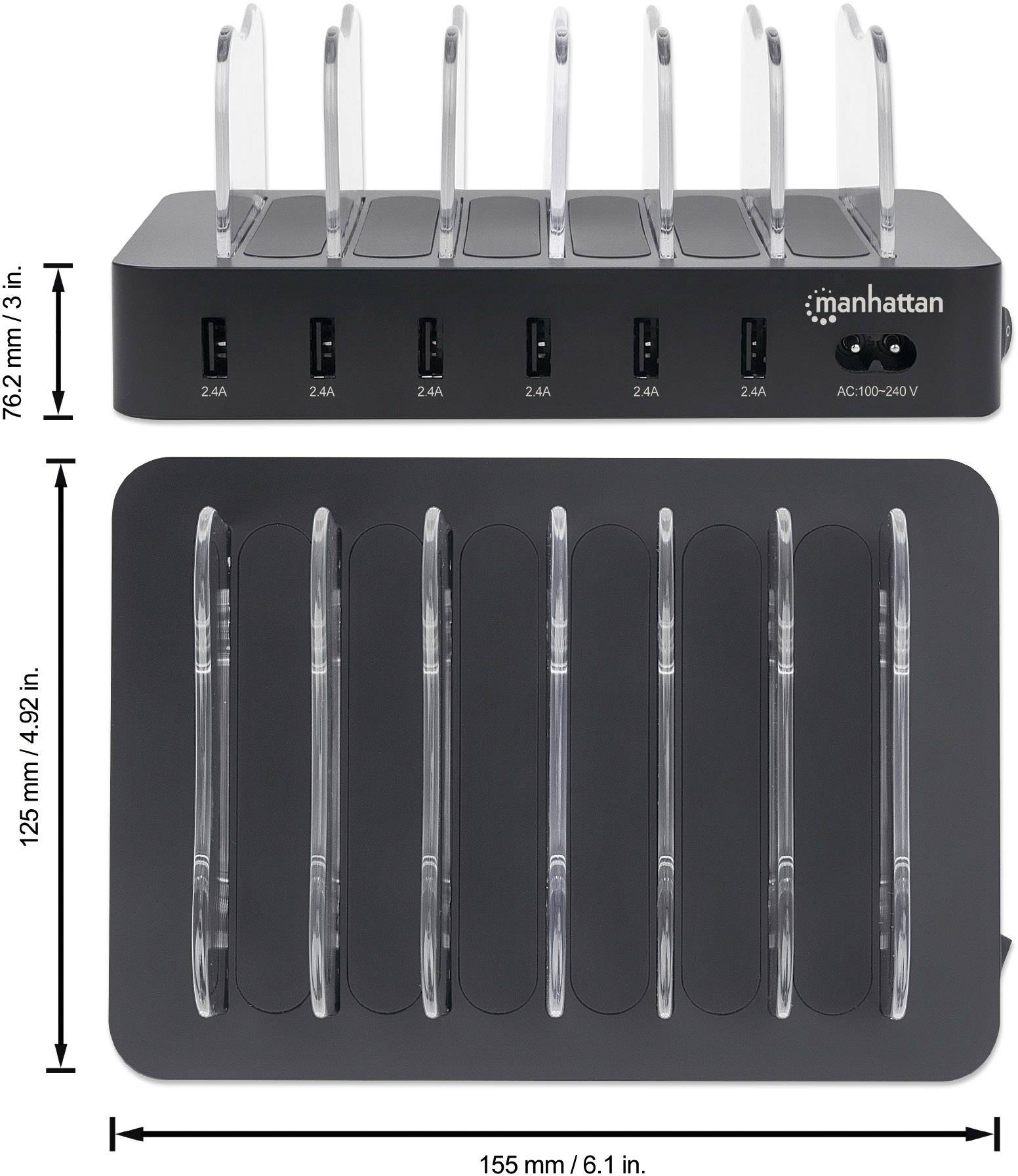 USB-Ladestation von Manhattan mit acht Ladeanschlüssen (jeweils 2,4A). Rückansicht zeigt Abmessungen: 7,62 cm hoch, 15,5 cm lang.