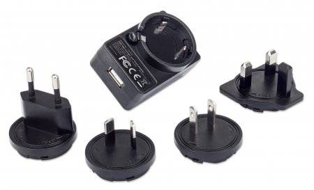 Manhattan 102155 USB Ladegerät 5 W USB 3.2 Gen 1 Buchse A (USB 3.0) Schwarz Steckdose mit Australien-Adapter, mit UK-Adapter, mit USA-Adapter