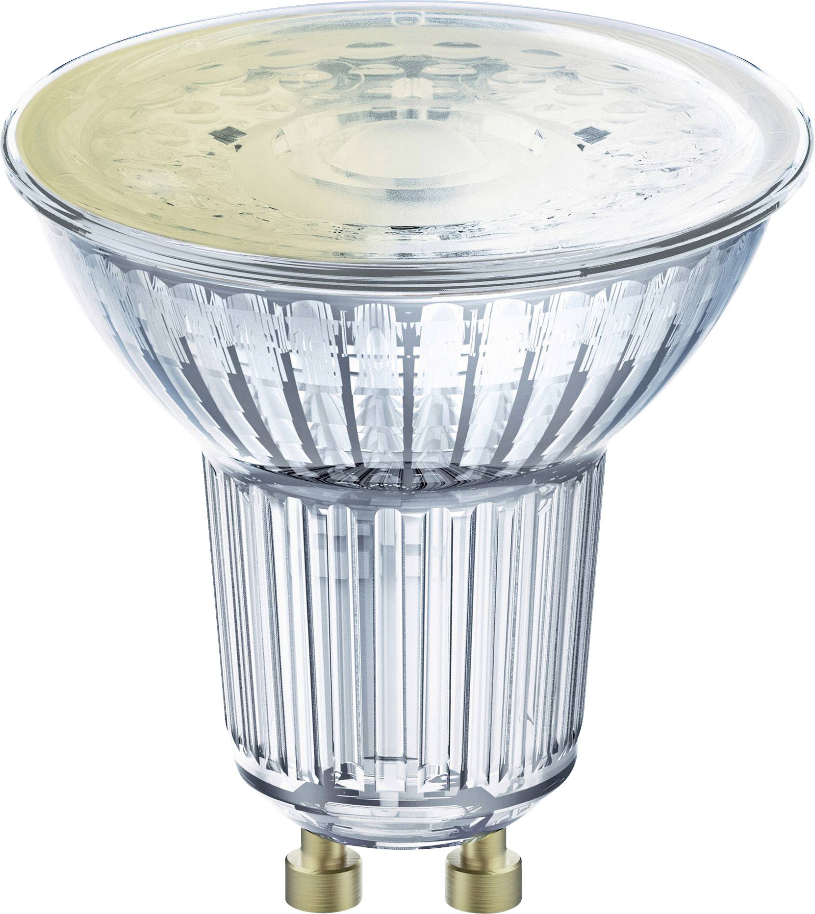 LED-Glühlampe in Form eines Reflektors mit GU10-Sockel, transparentes Gehäuse, geeignet für energieeffiziente Beleuchtung.