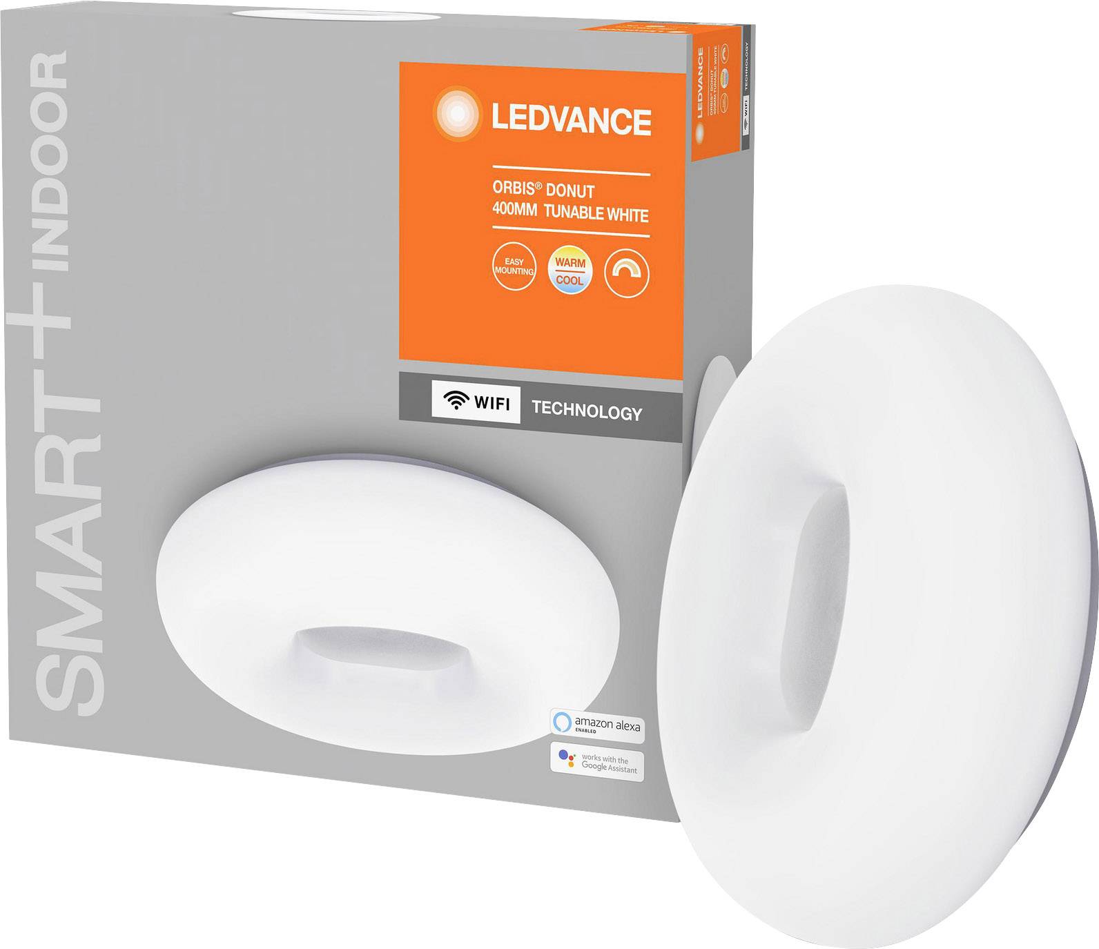 'LEDVANCE Smart+ Orbis Donut' LED-Leuchte, WLAN-fähig, kompatibel mit Amazon Alexa, verstellbares weißes Licht, Verpackung und Produkt.