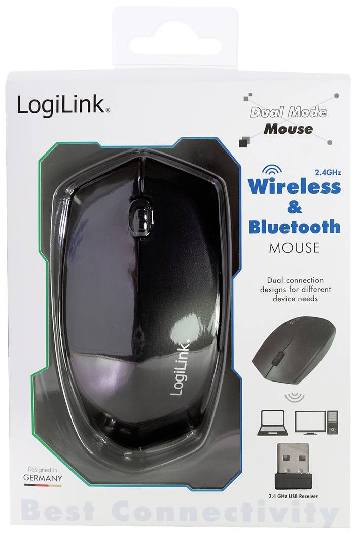 Schwarze LogiLink Dual Mode Maus in Verpackung, unterstützt 2.4GHz Wireless und Bluetooth. Enthält 2.4GHz USB-Empfänger. Hergestellt in Deutschland.