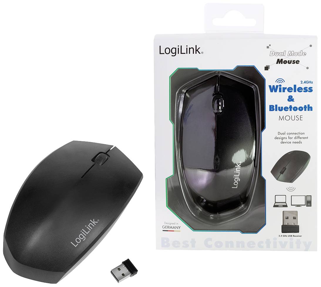 Kabellose Maus von LogiLink neben ihrer Verpackung. Die Verpackung weist auf Dual-Modus und 2,4 GHz Wireless- sowie Bluetooth-Verbindung hin.