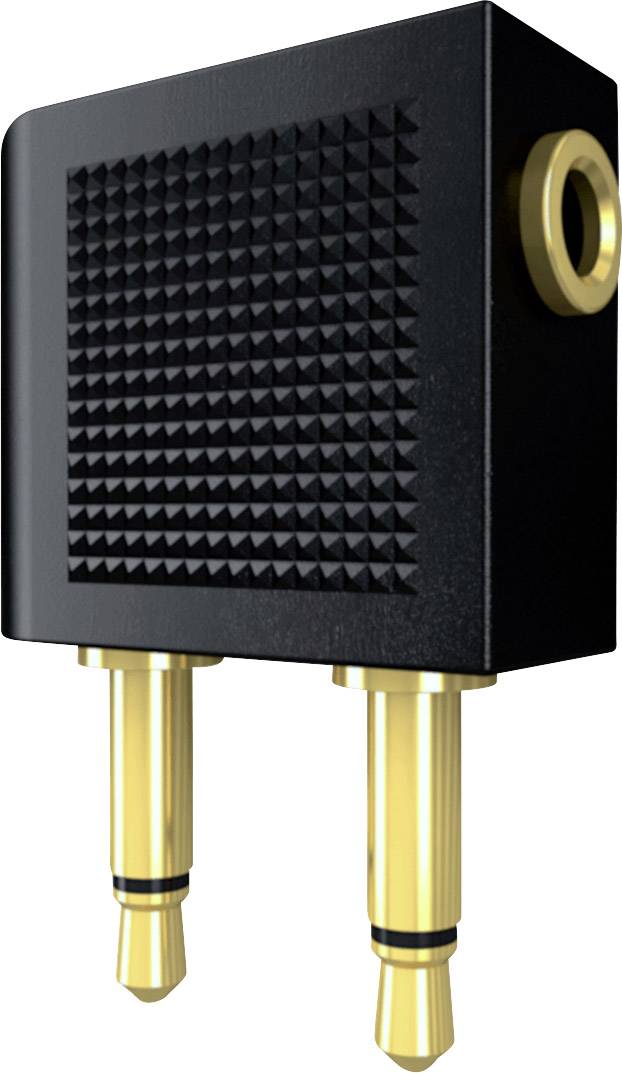 Schwarzer Flugzeugadapter mit zwei goldenen Klinkensteckern, ermöglicht den Anschluss eines Kopfhörers an Flugzeugsitze.