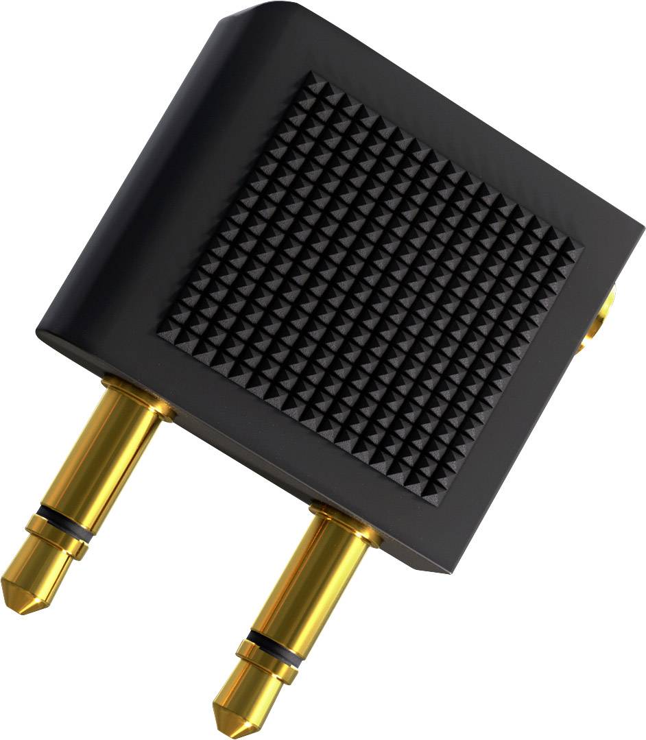 Ein Adapter mit zwei vergoldeten Steckern und schwarzem, geriffeltem Gehäuse, meist für Flugzeug-Kopfhöreranschlüsse verwendet.