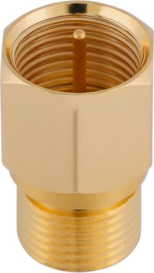 Goldener Koaxialstecker mit Außengewinde und innenliegendem Kontaktpin, geeignet für TV-, Satellitenanlagen oder Antennenkabel.