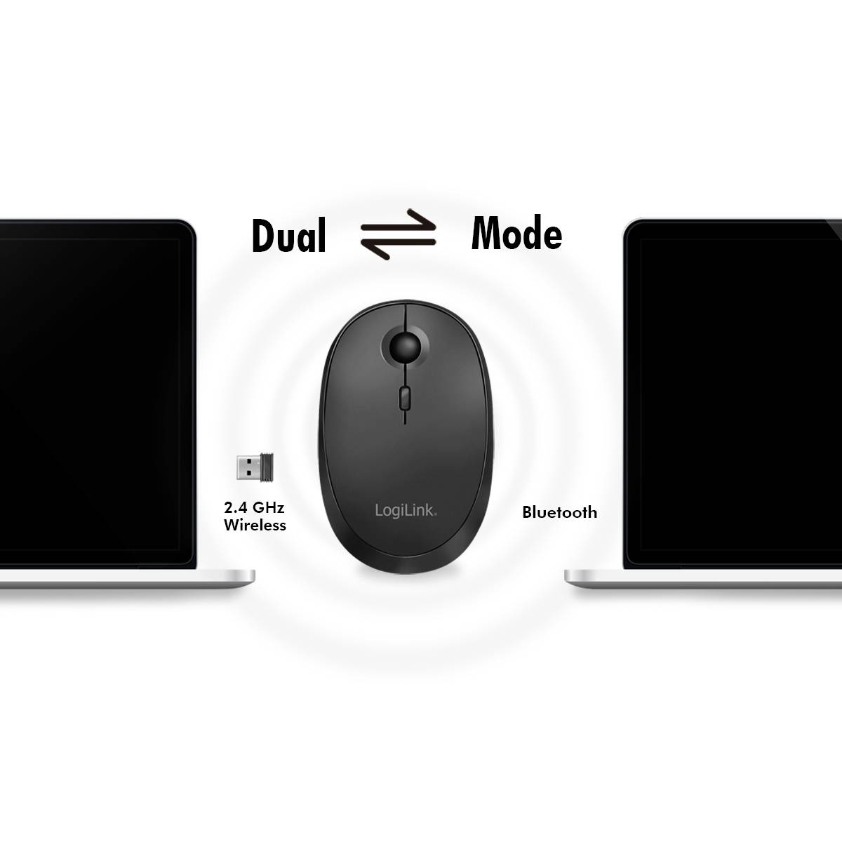 Computermaus in der Mitte zwischen zwei Laptops; Links: 2,4 GHz Wireless, Rechts: Bluetooth. Text: Dual Mode.