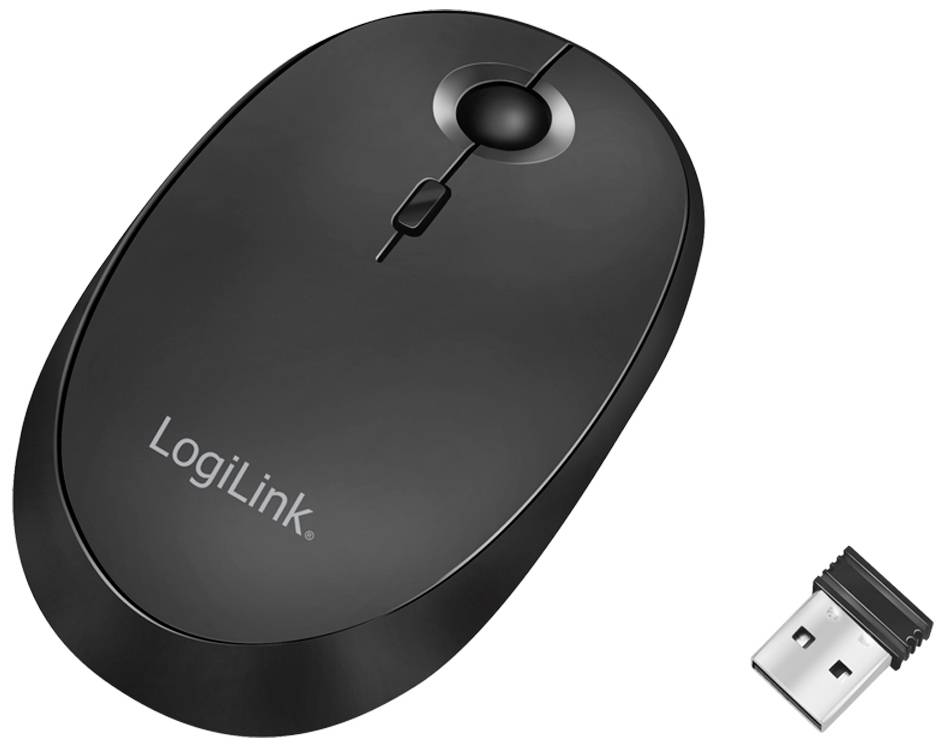 Eine schwarze kabellose Computermaus mit einem USB-Empfänger daneben.