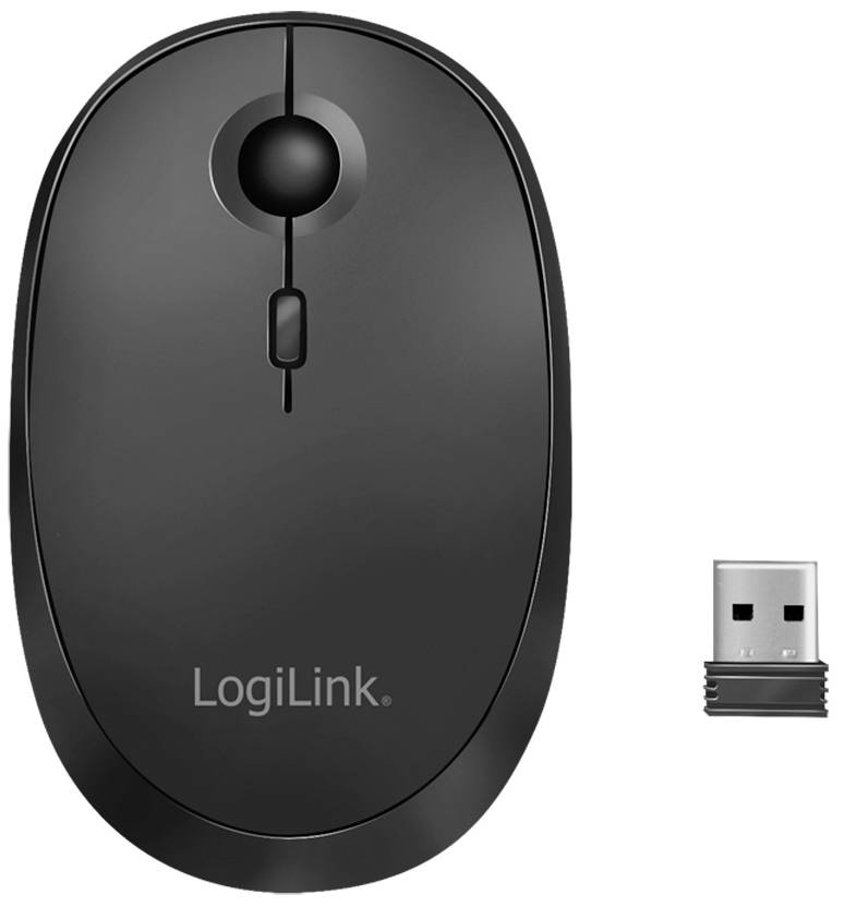 Eine schwarze kabellose Computermaus mit Scrollrad, daneben ein USB-Empfänger. Beide sind von der Marke LogiLink.
