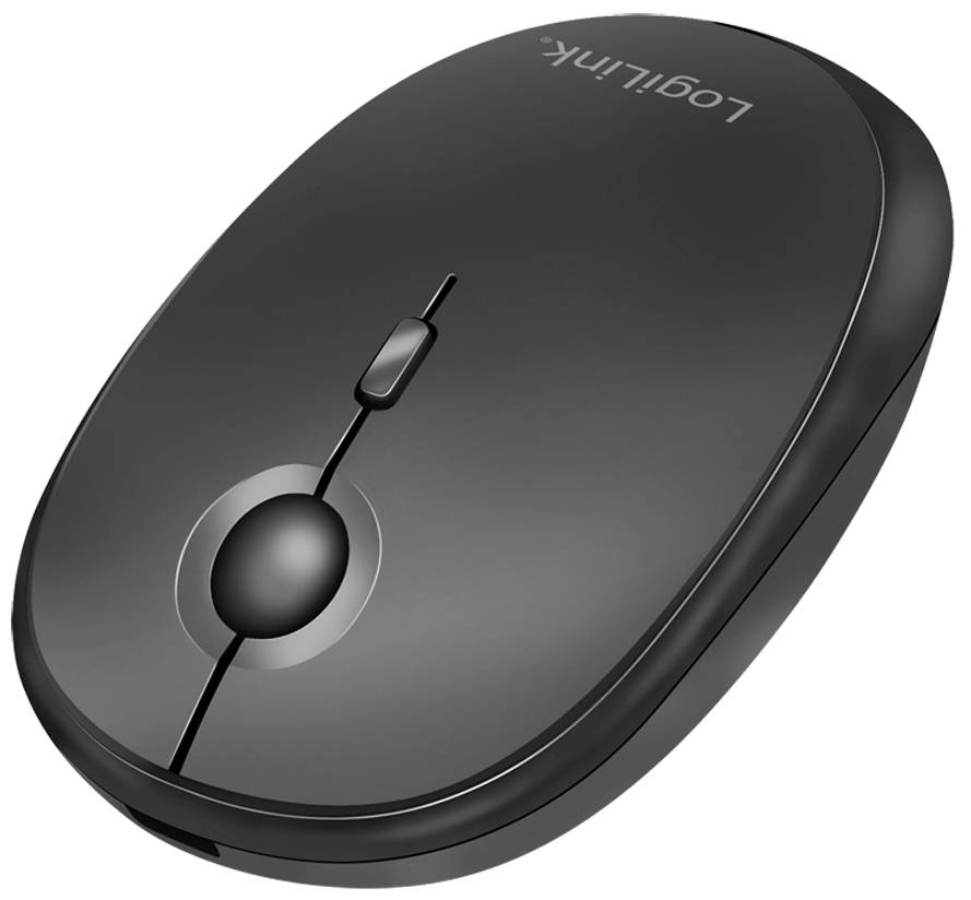Schwarze kabellose Computermaus mit mittlerem Scrollrad und schlankem Design, ergonomisch geformt für komfortable Nutzung.